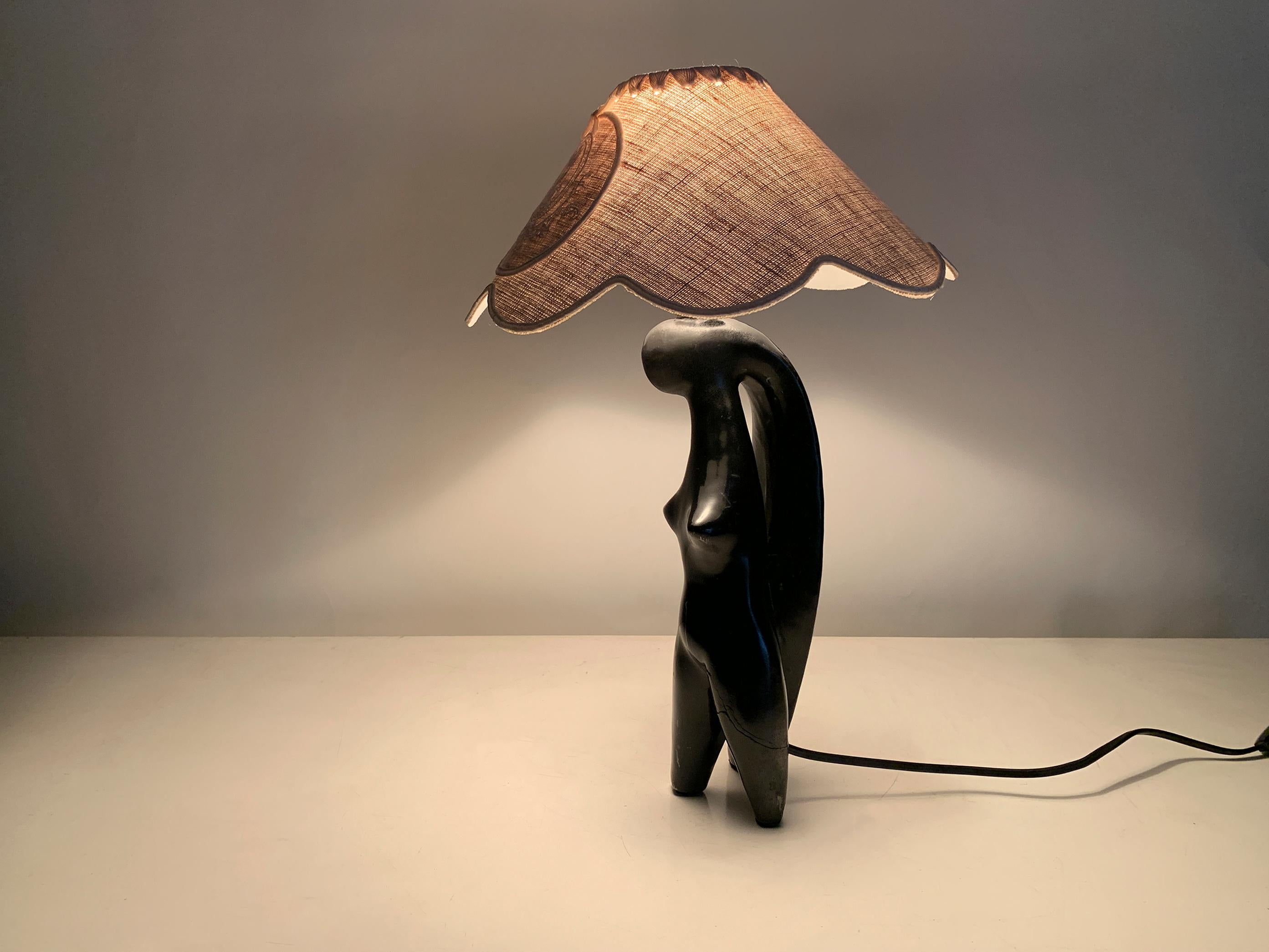 Art Deco Stylized Woman Figure Sculptural Table Lamp in Black Terracotta, France For Sale 6