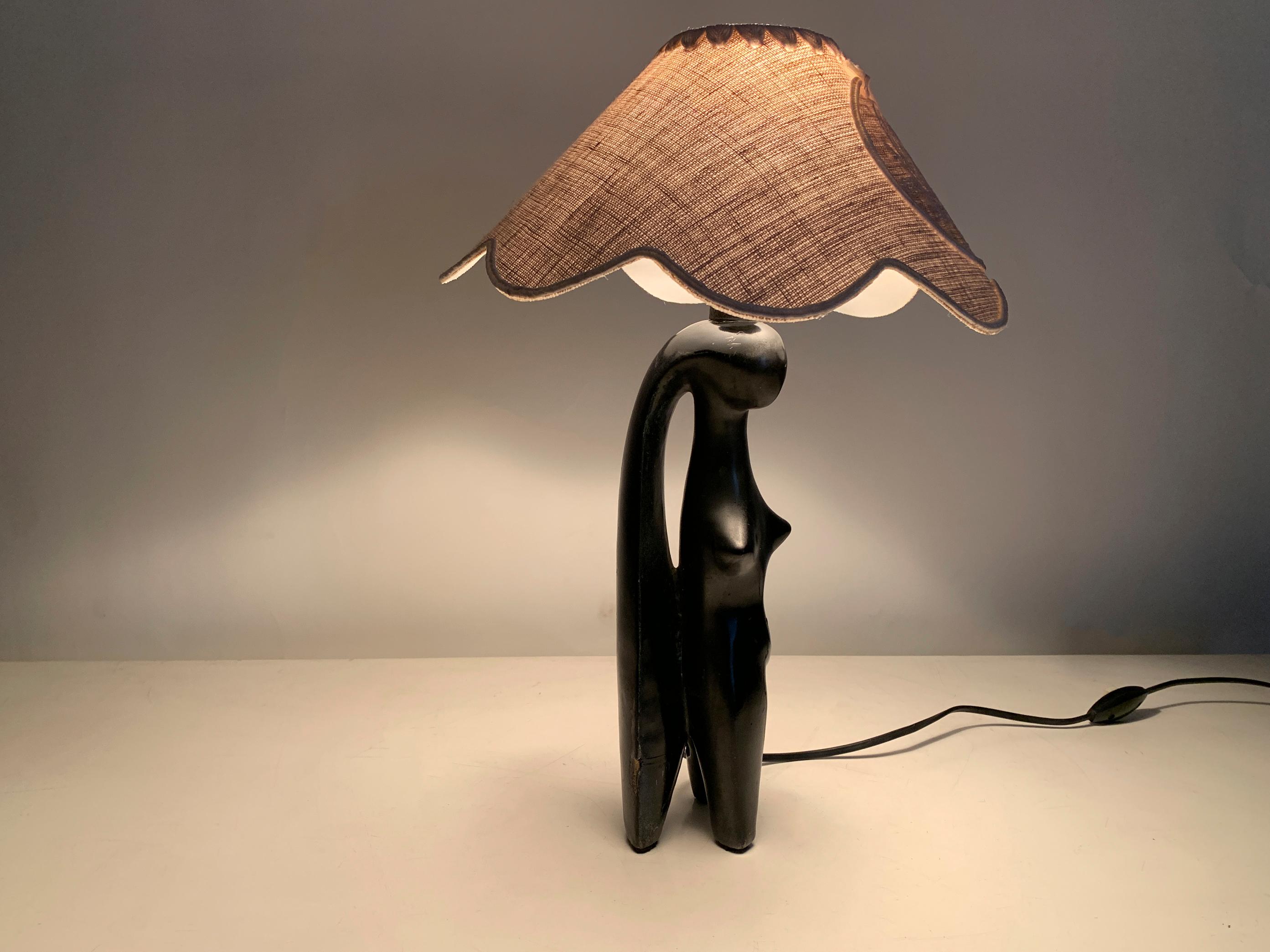 Art Deco Stylized Woman Figure Sculptural Table Lamp in Black Terracotta, France For Sale 7