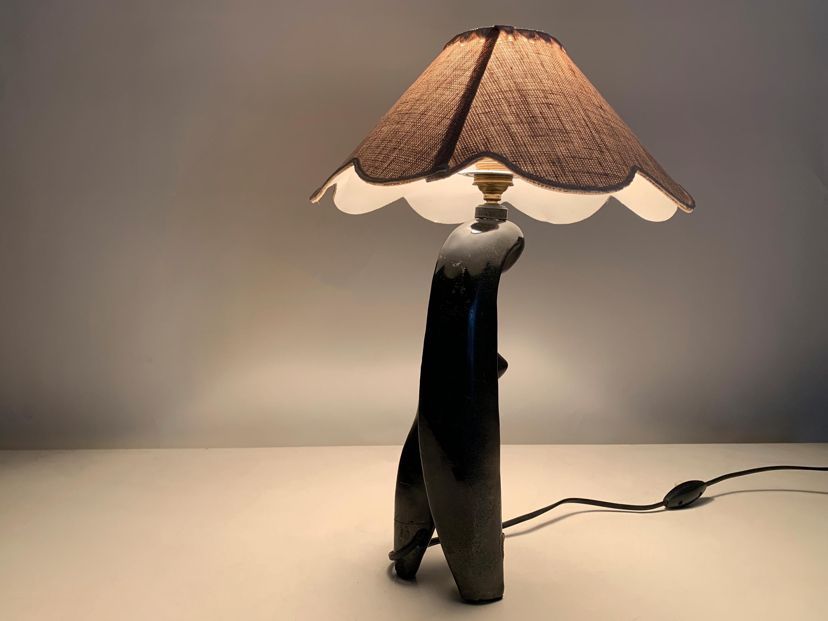 Art Deco Stylized Woman Figure Sculptural Table Lamp in Black Terracotta, France For Sale 8