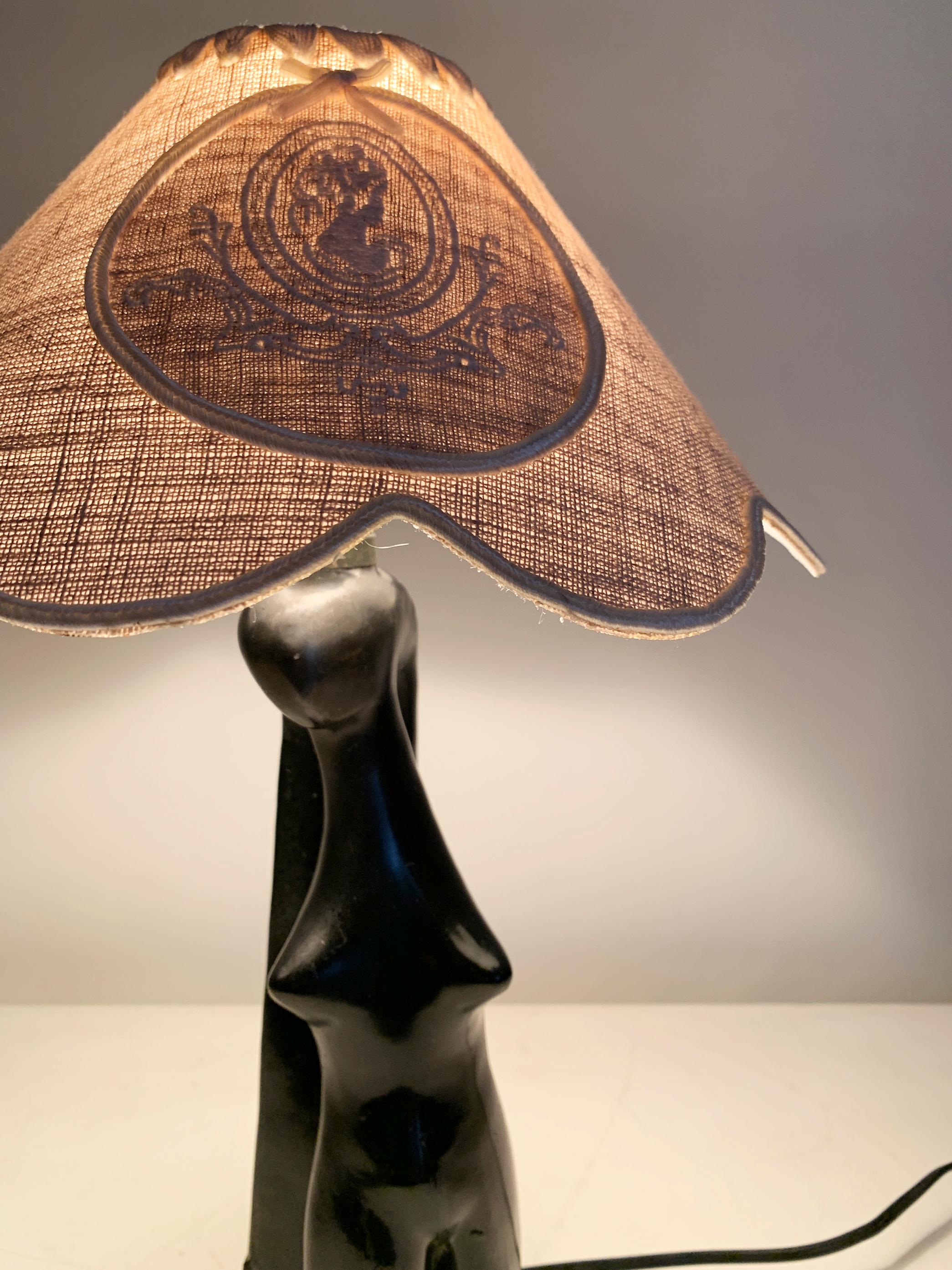 Art Deco Stylized Woman Figure Sculptural Table Lamp in Black Terracotta, France For Sale 9