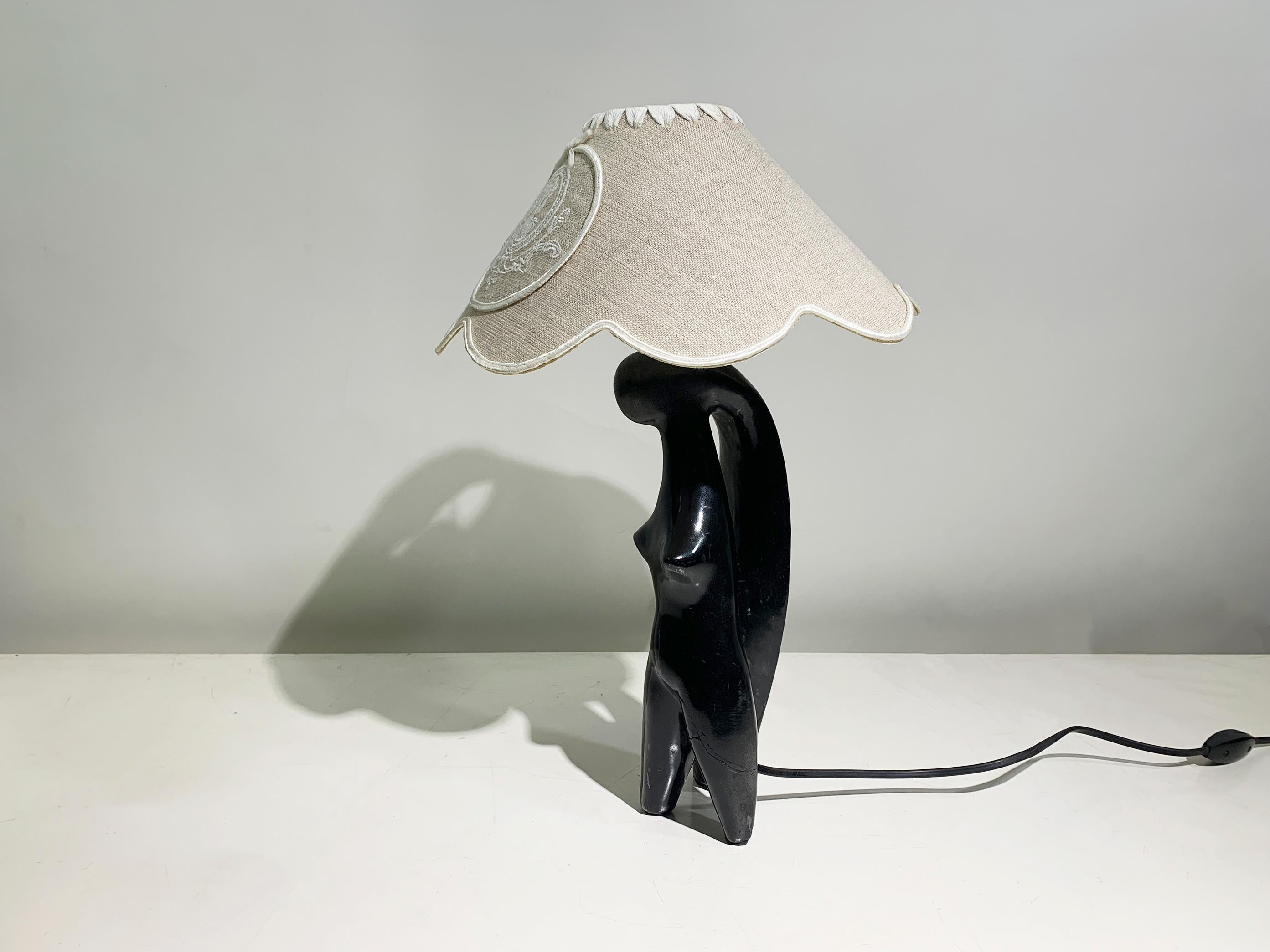French Art Deco Stylized Woman Figure Sculptural Table Lamp in Black Terracotta, France For Sale