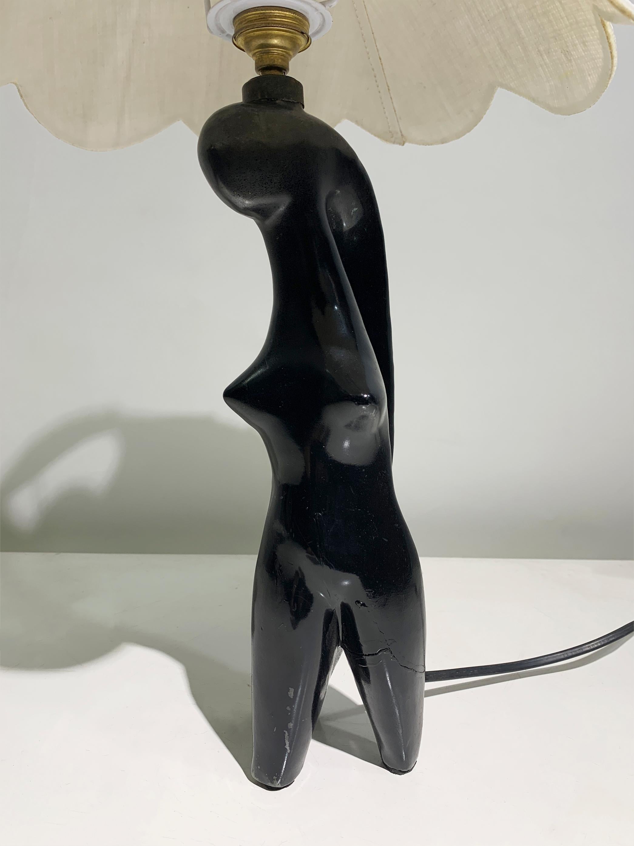 Art Deco Stylized Woman Figure Sculptural Table Lamp in Black Terracotta, France For Sale 1