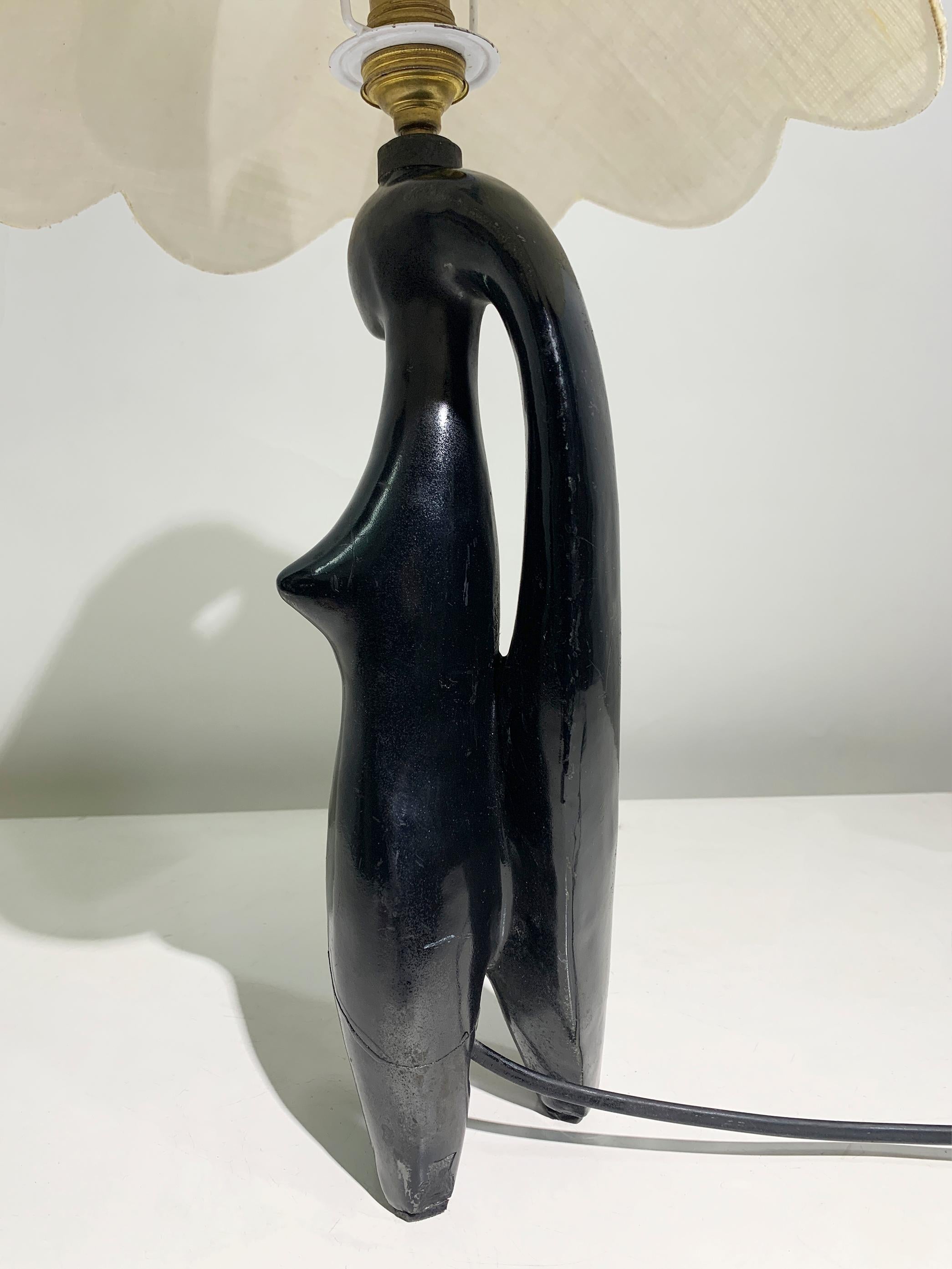 Art Deco Stylized Woman Figure Sculptural Table Lamp in Black Terracotta, France For Sale 2