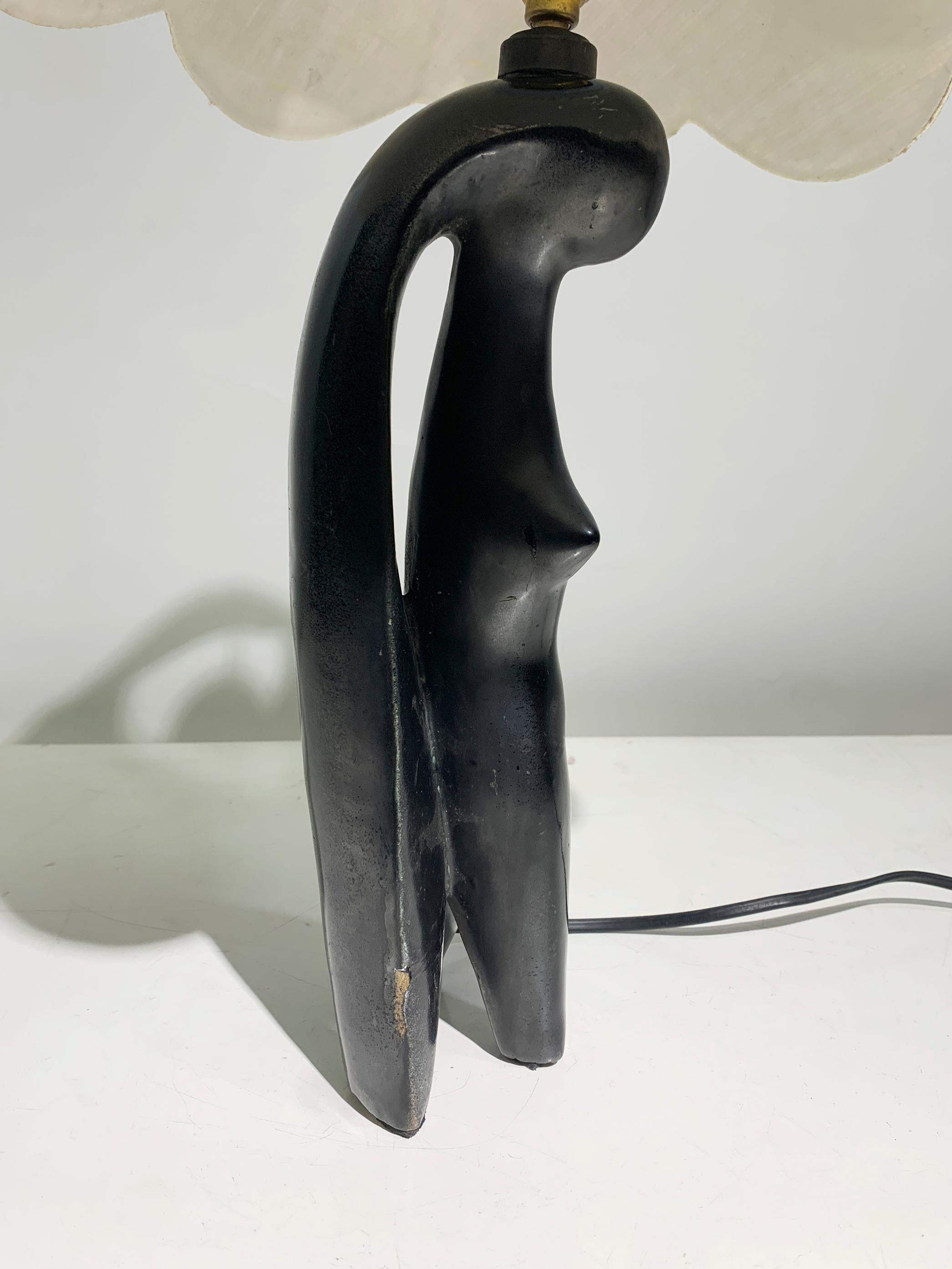Art Deco Stylized Woman Figure Sculptural Table Lamp in Black Terracotta, France For Sale 3