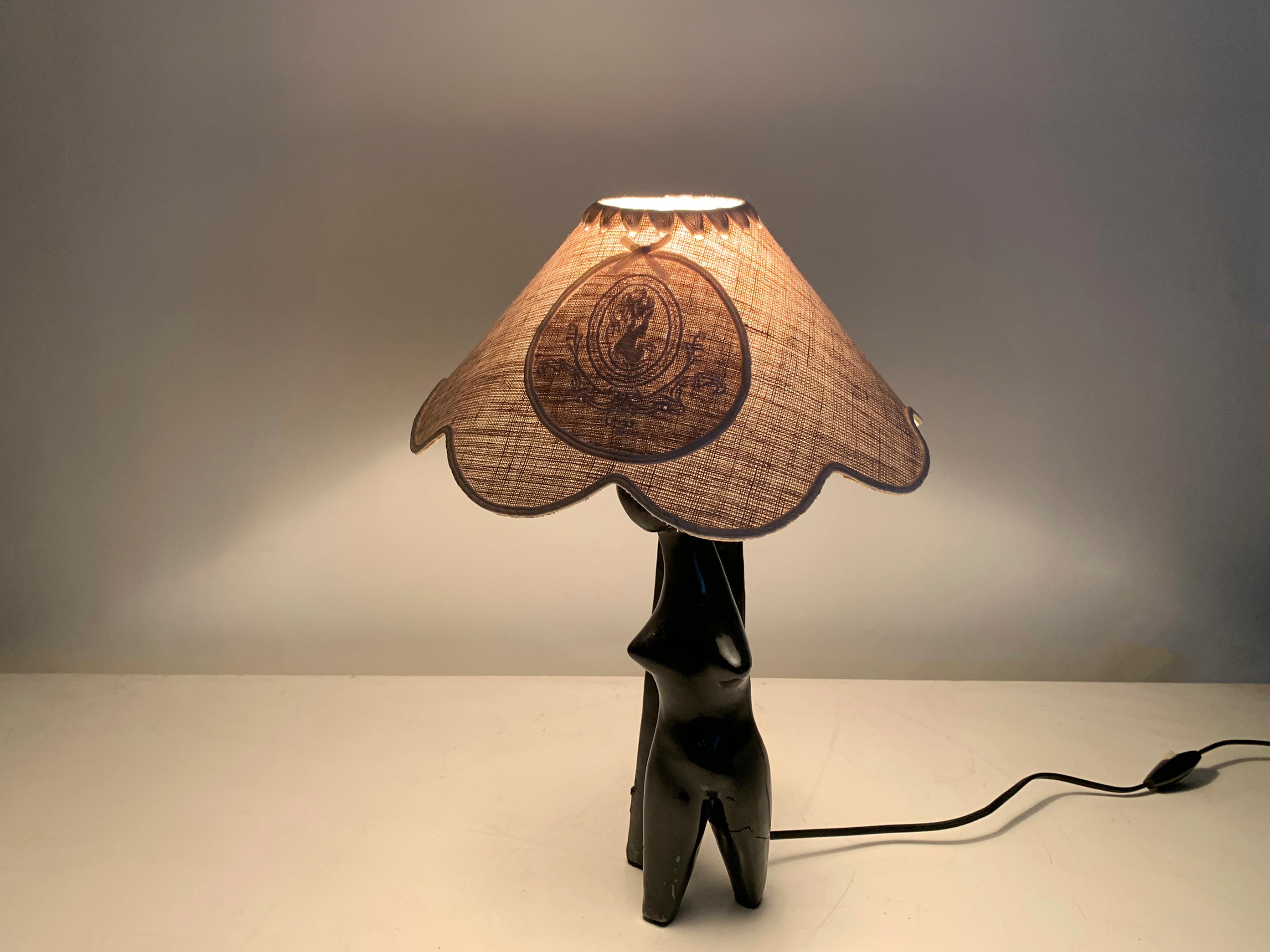 Art Deco Stylized Woman Figure Sculptural Table Lamp in Black Terracotta, France For Sale 4