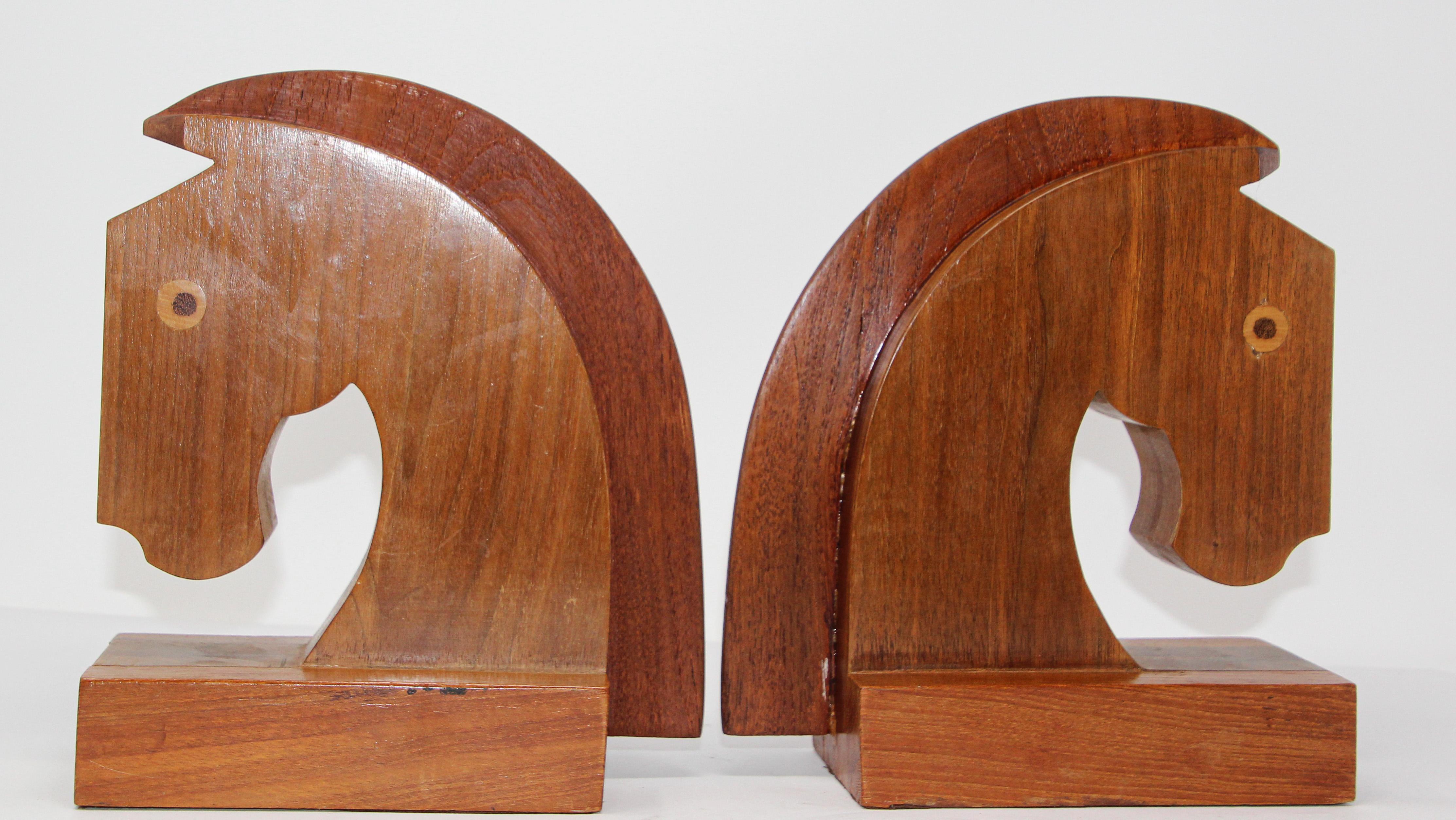 Art Deco Stylized Wood Sculptures of Horse Bust Bookends For Sale 4