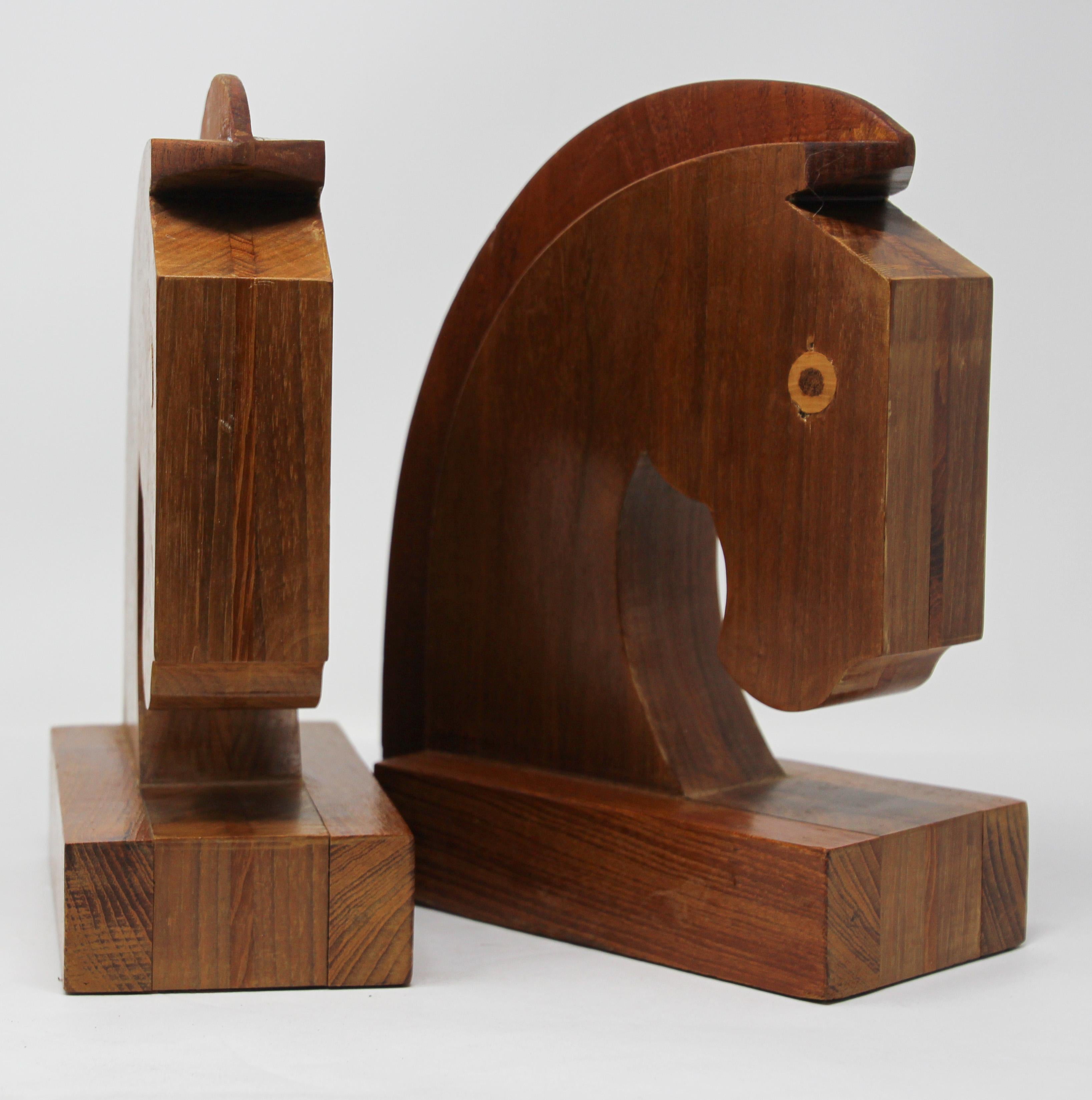 Art Deco Stylized Wood Sculptures of Horse Bust Bookends For Sale 5