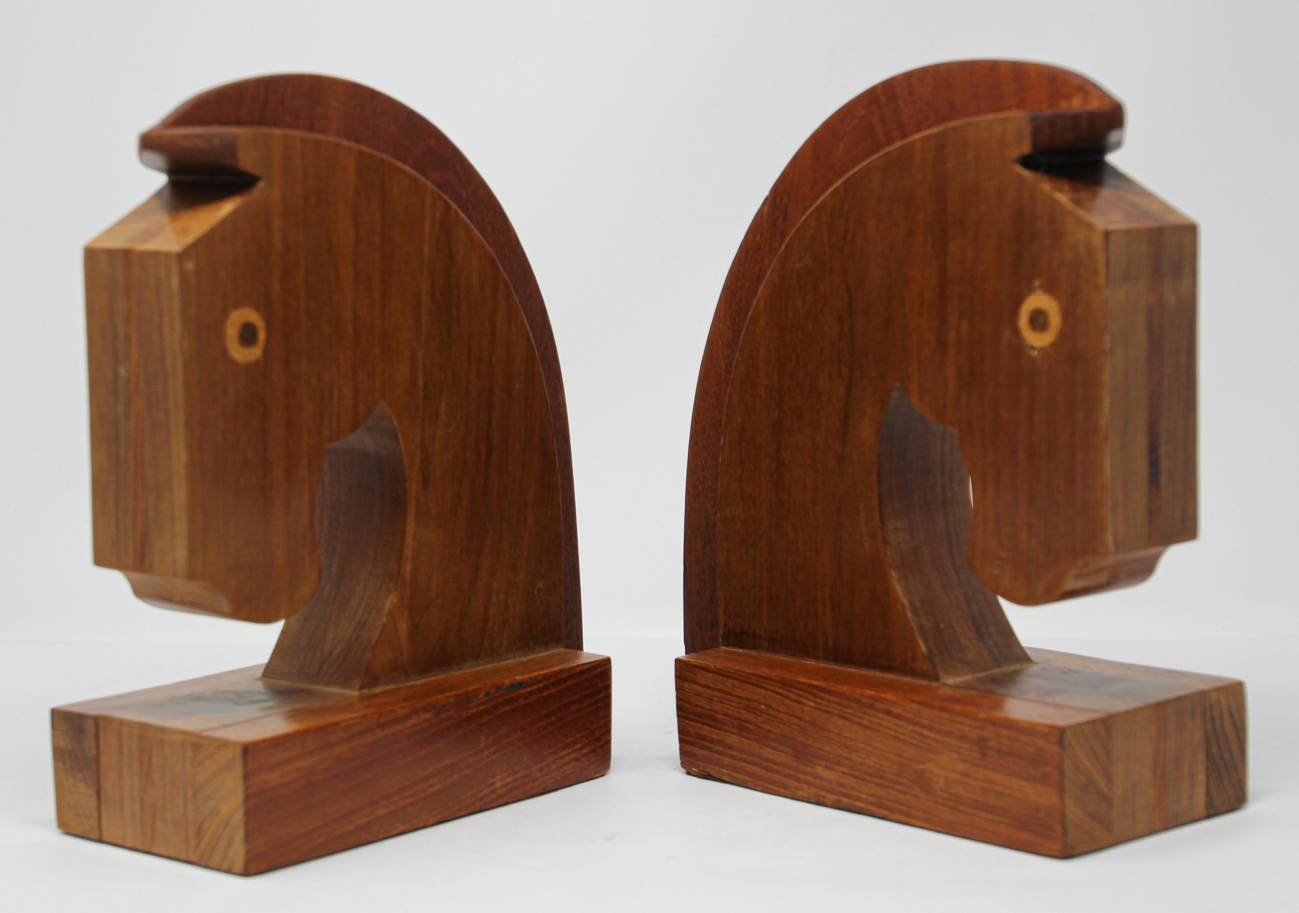 Art Deco Stylized Wood Sculptures of Horse Bust Bookends For Sale 6