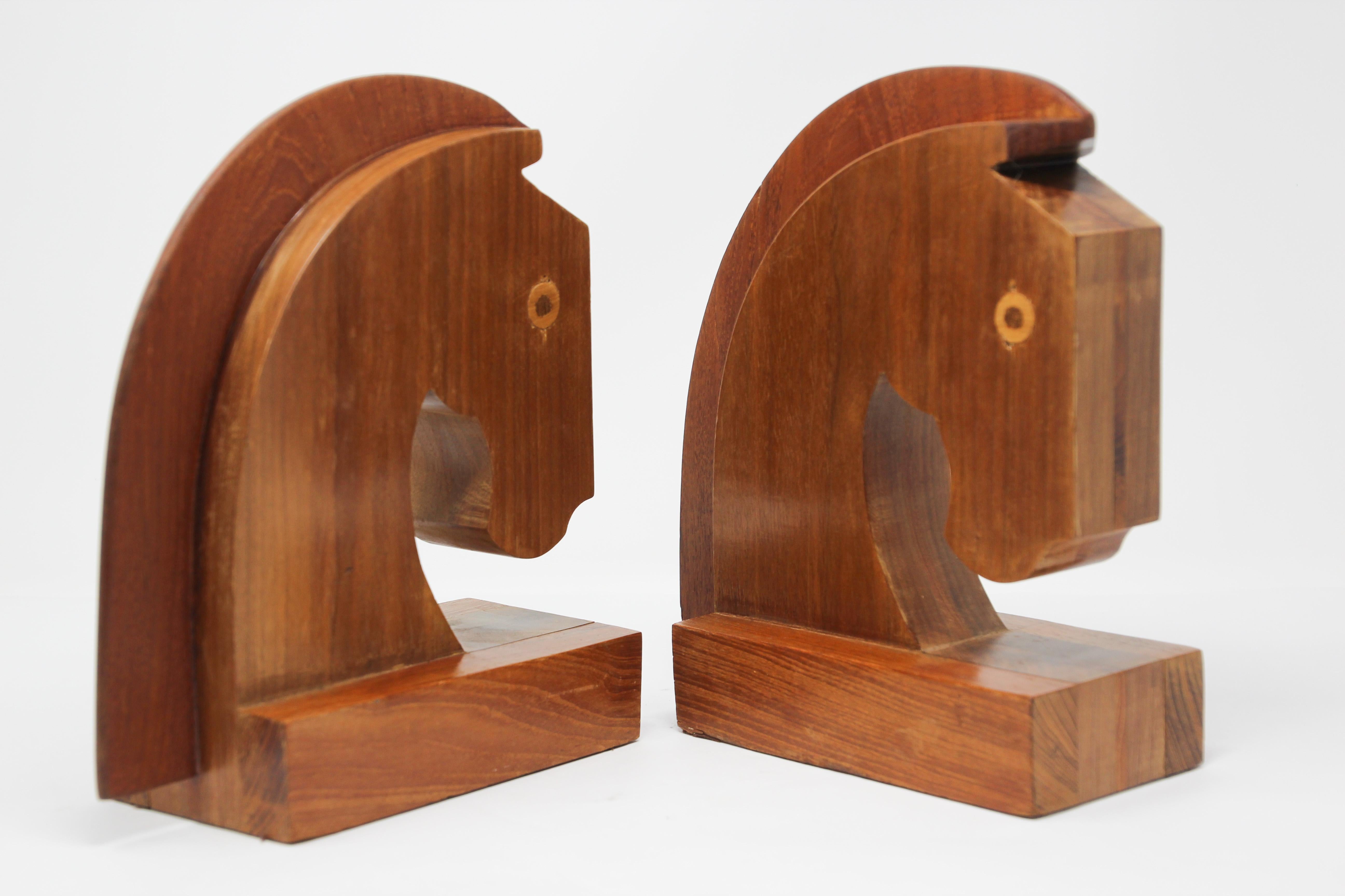 Art Deco Stylized Wood Sculptures of Horse Bust Bookends For Sale 7
