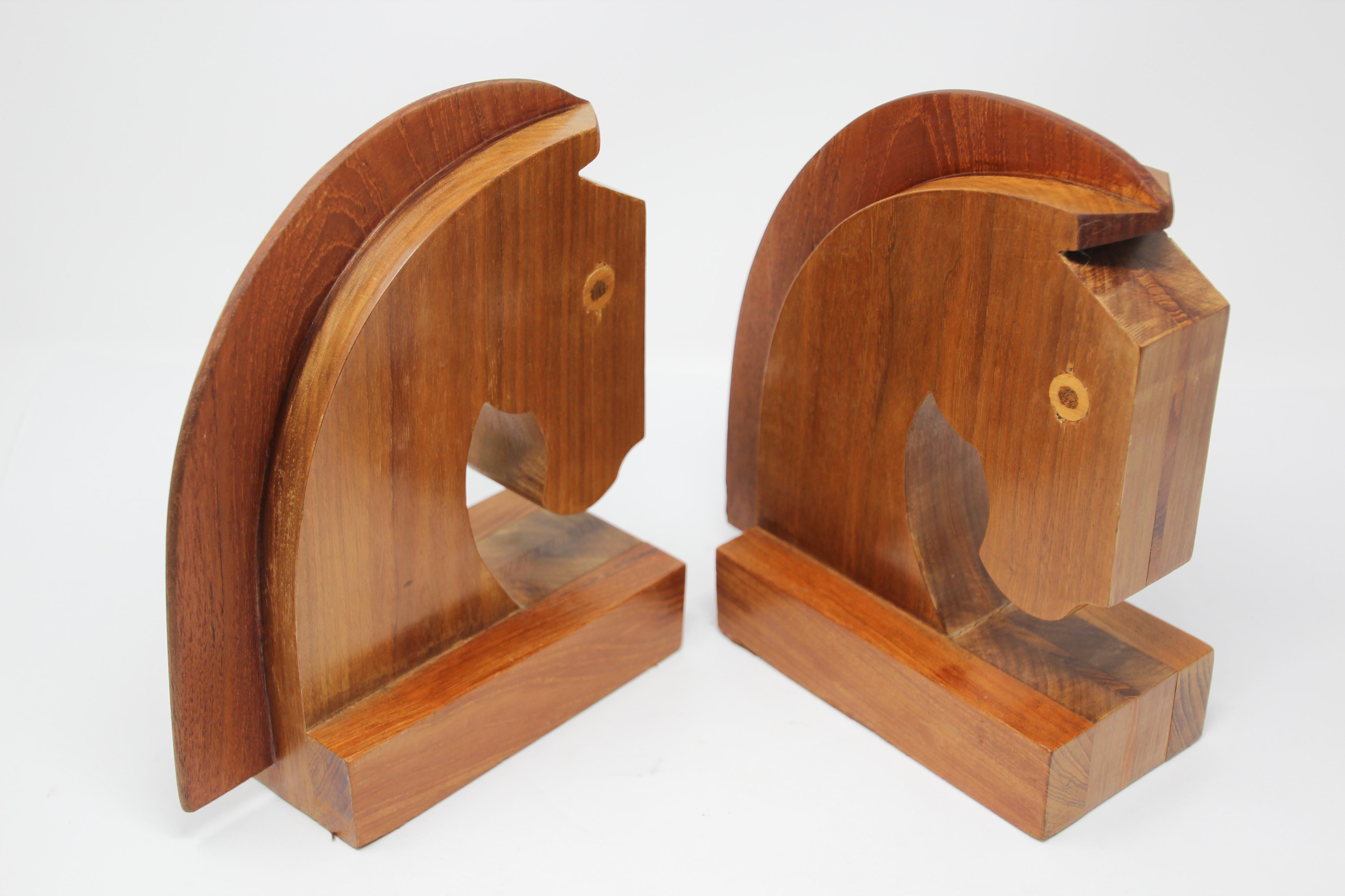 Art Deco Stylized Wood Sculptures of Horse Bust Bookends For Sale 8