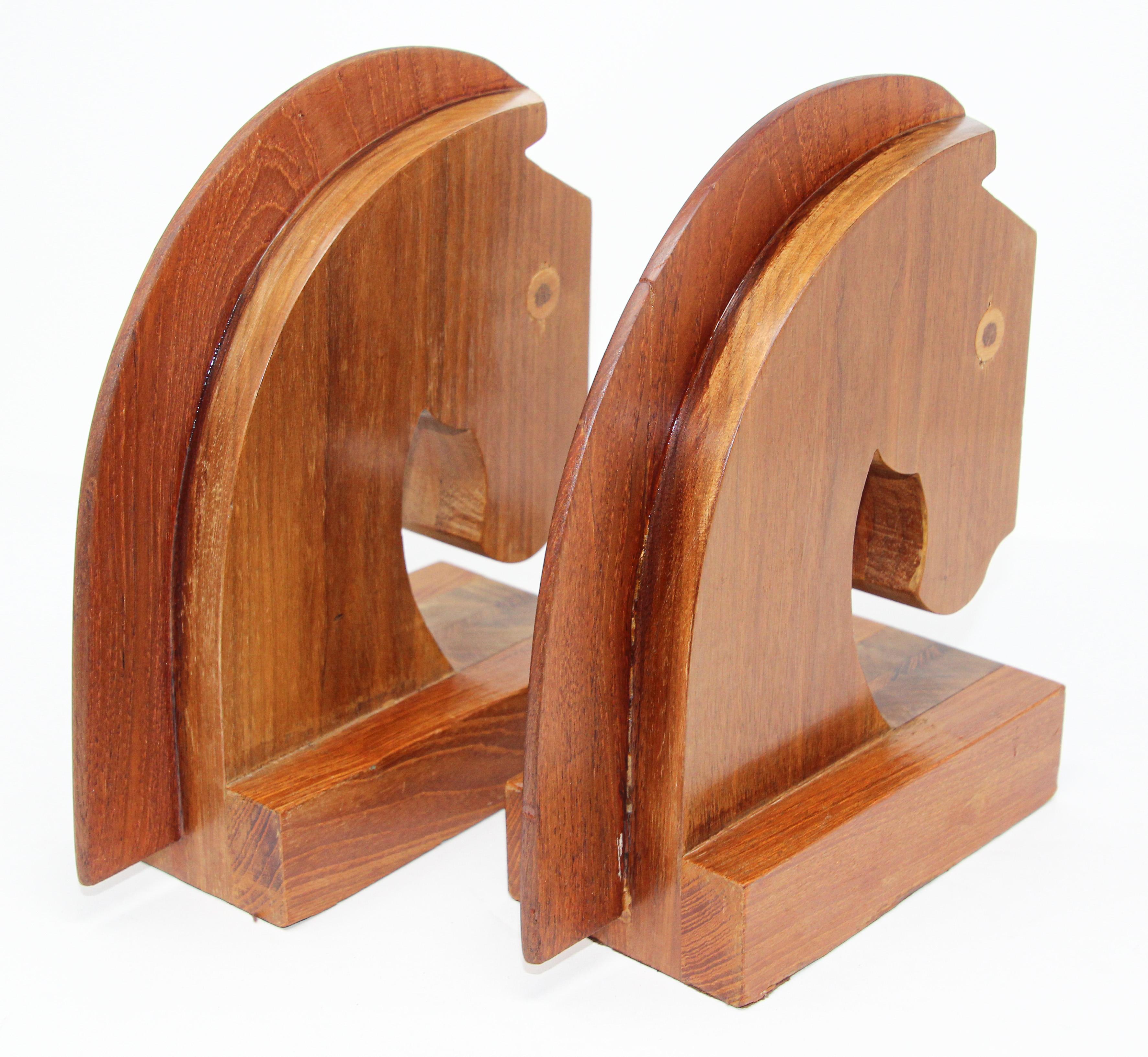Hand-Crafted Art Deco Stylized Wood Sculptures of Horse Bust Bookends For Sale