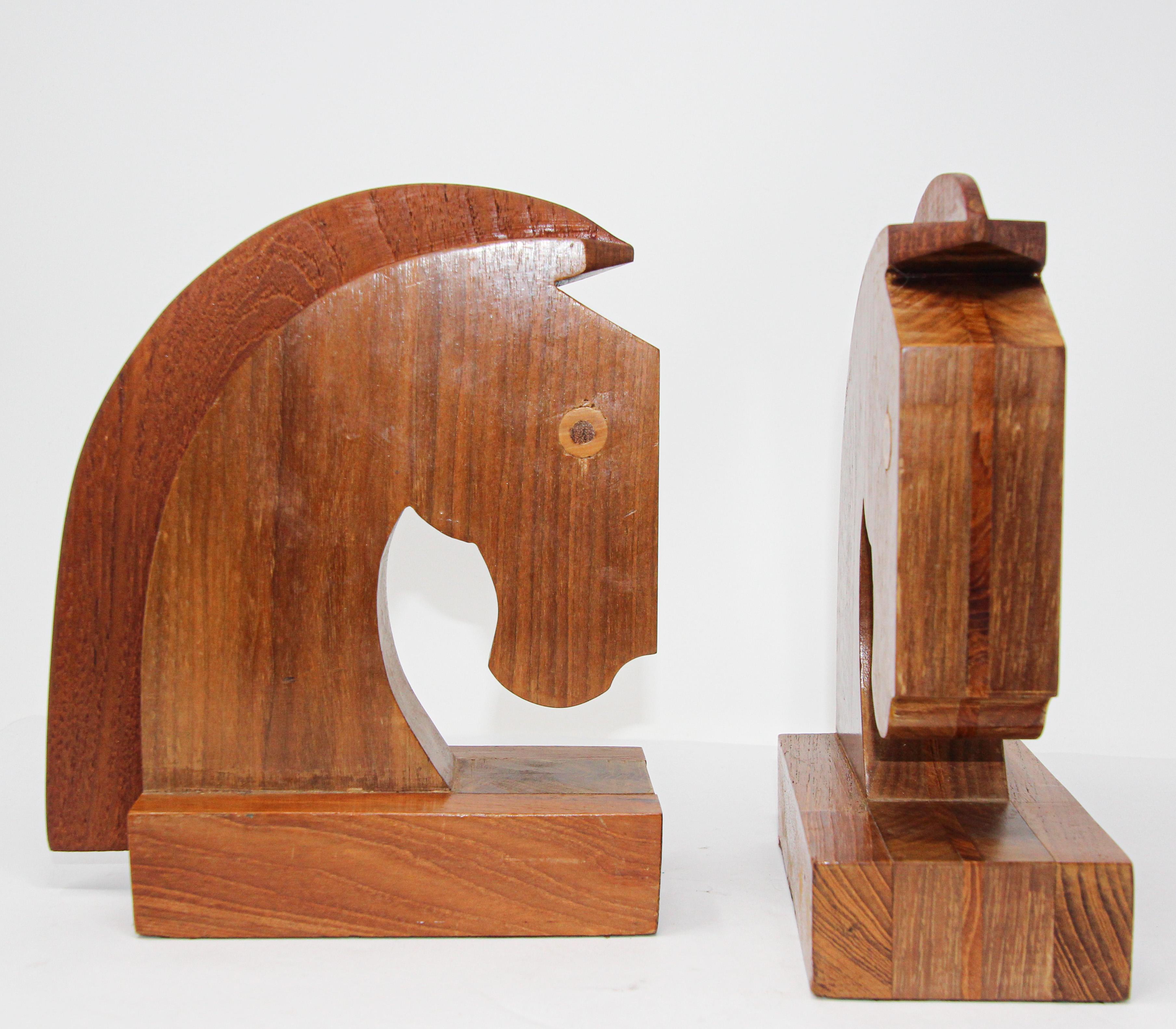 20th Century Art Deco Stylized Wood Sculptures of Horse Bust Bookends For Sale