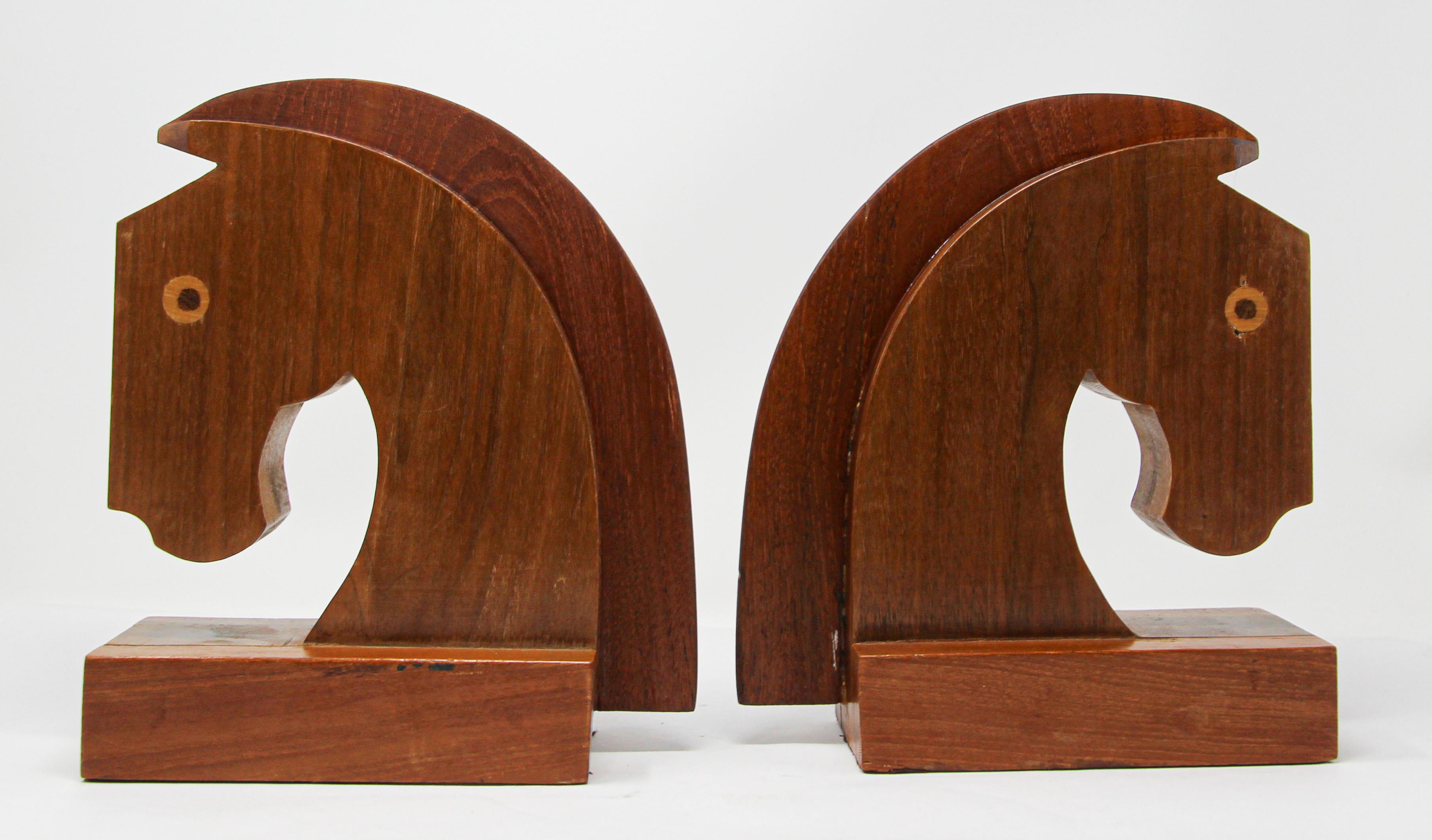 Art Deco Stylized Wood Sculptures of Horse Bust Bookends For Sale 1