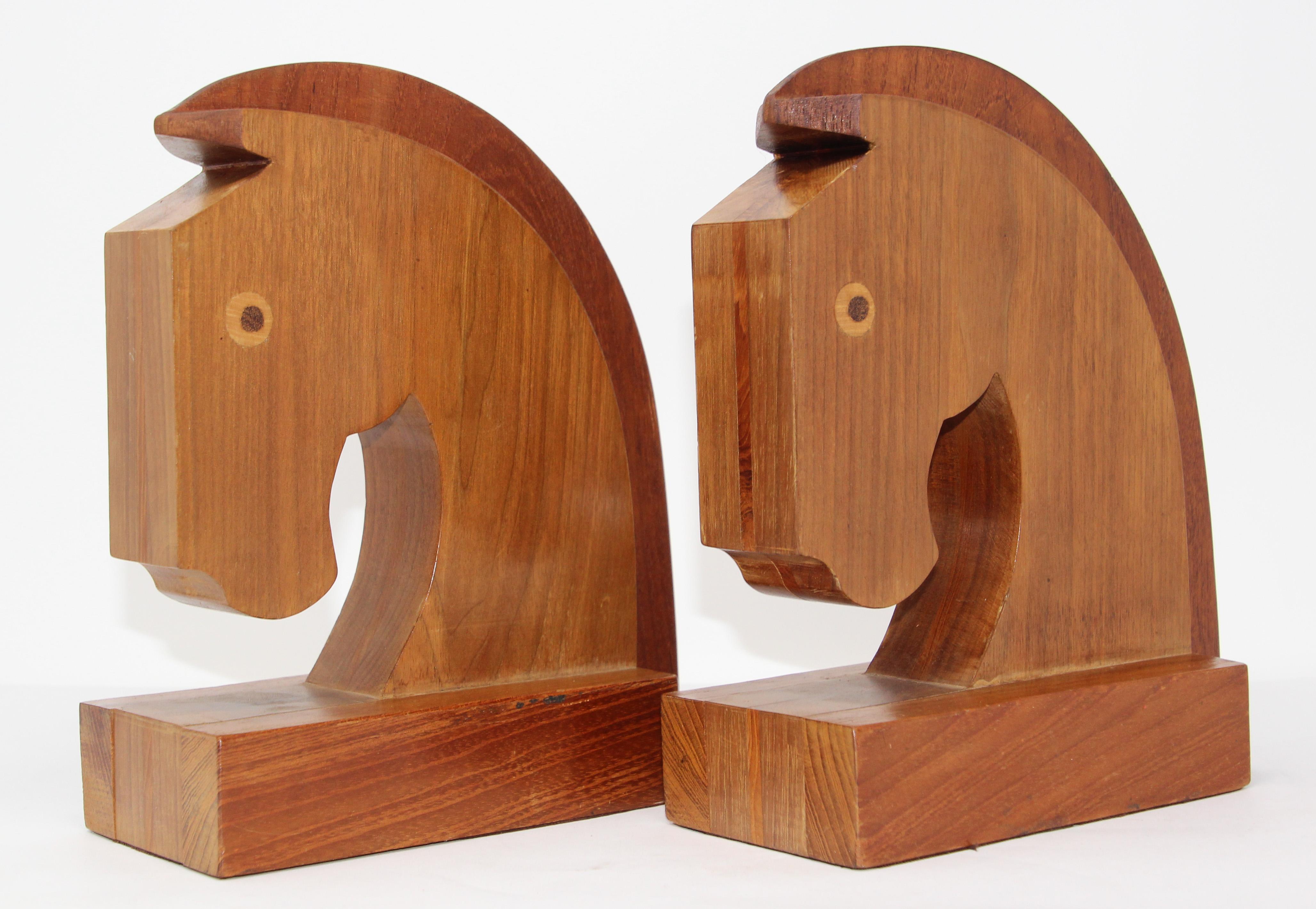 Art Deco Stylized Wood Sculptures of Horse Bust Bookends For Sale 2
