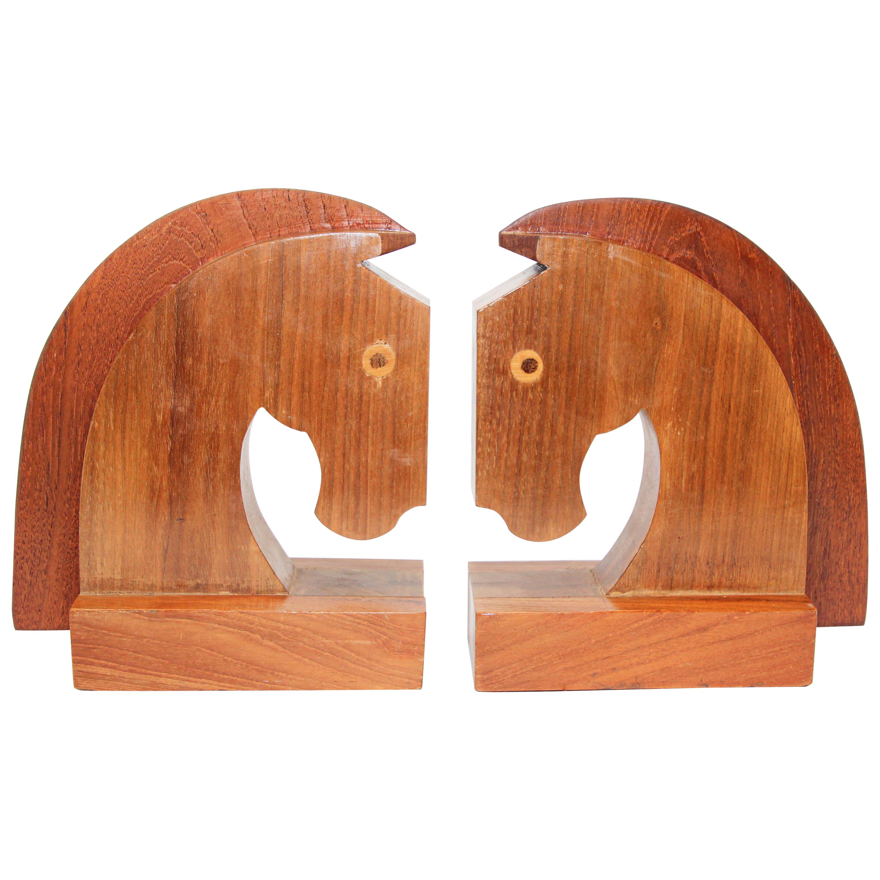 Art Deco Stylized Wood Sculptures of Horse Bust Bookends