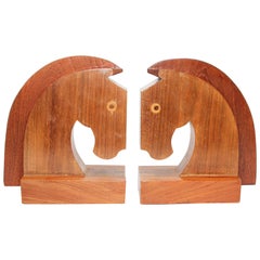 Retro Art Deco Stylized Wood Sculptures of Horse Bust Bookends