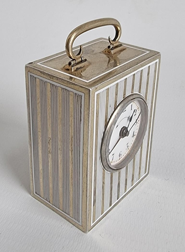 Art Deco Sub Miniature Silver and Enamel Carriage or Boudoir Clock with ...