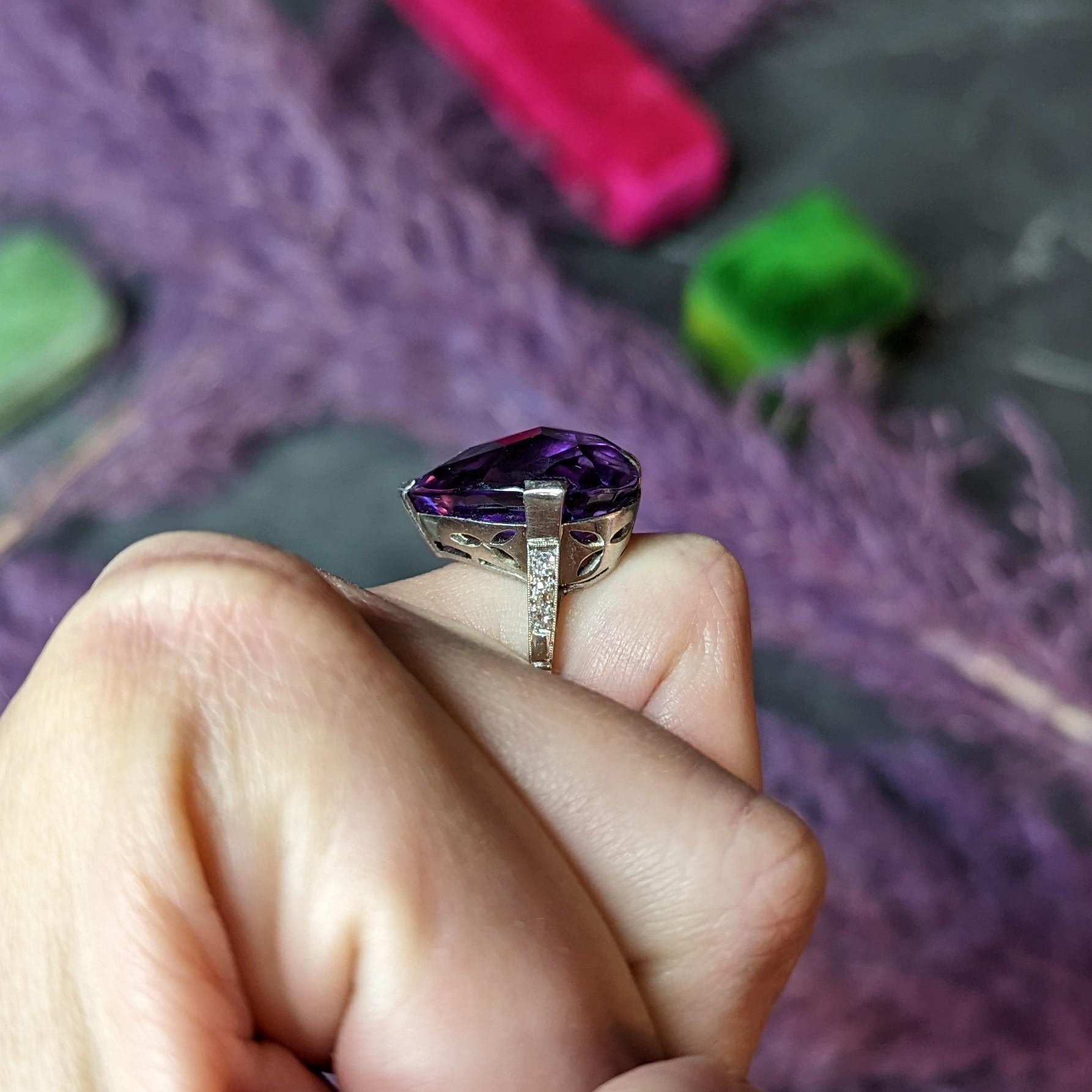 Art Deco Substantial Rose Cut Amethyst Diamond Platinum Heart Ring For Sale 7