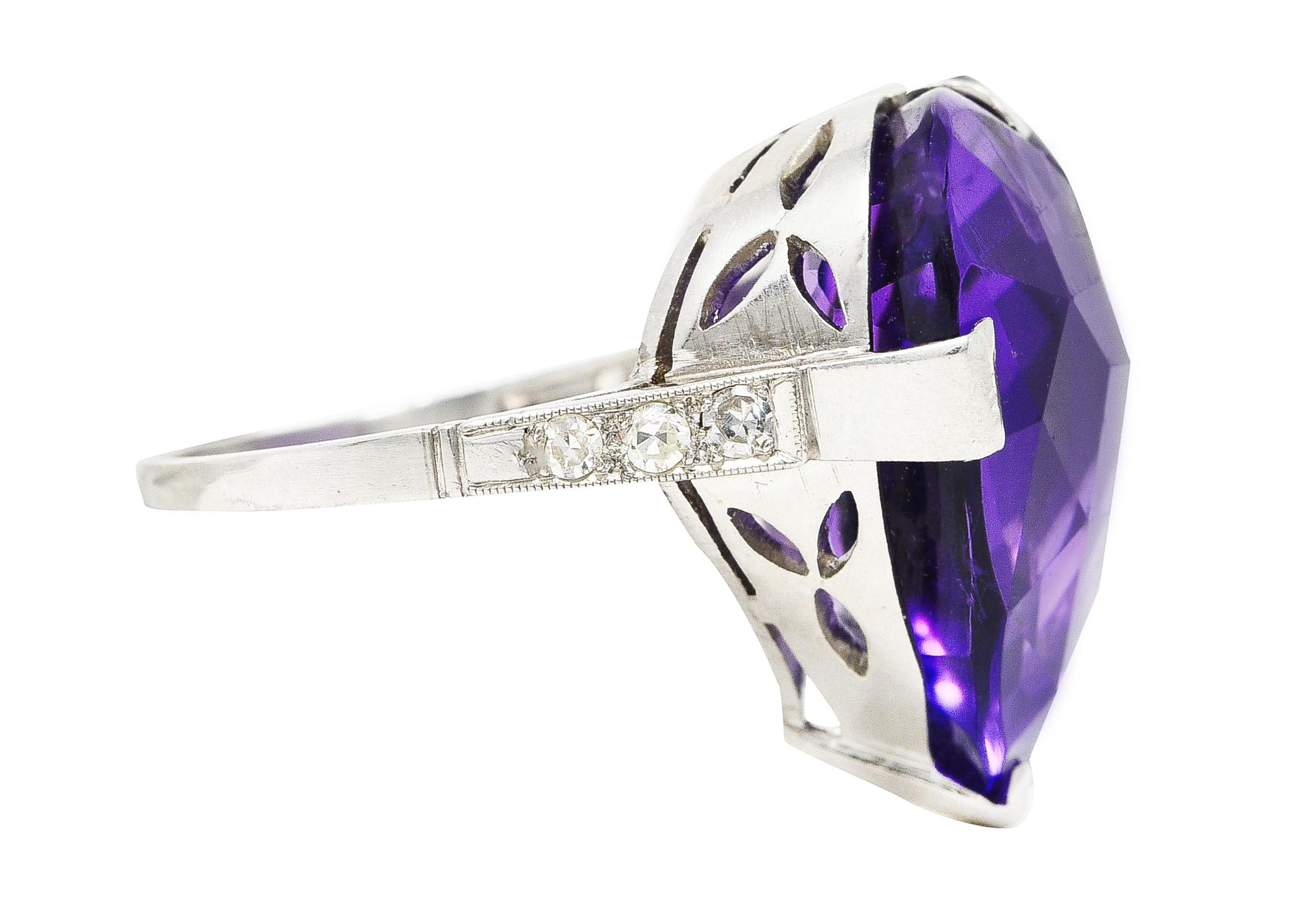 Art Deco Substantial Rose Cut Amethyst Diamond Platinum Heart Ring In Excellent Condition For Sale In Philadelphia, PA