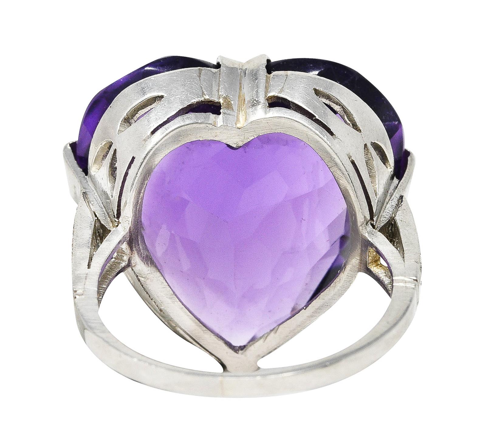 Women's or Men's Art Deco Substantial Rose Cut Amethyst Diamond Platinum Heart Ring For Sale