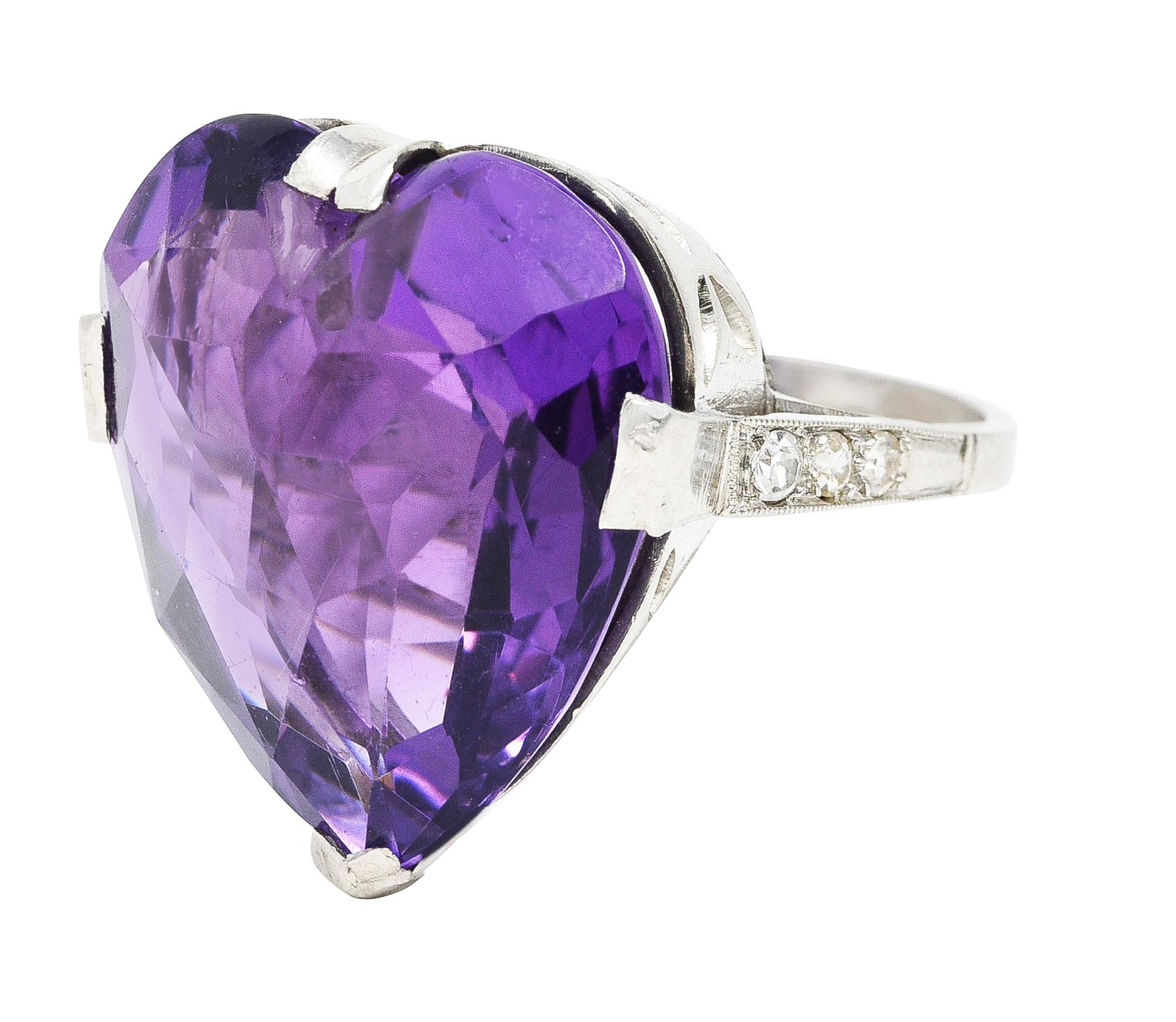 Art Deco Substantial Rose Cut Amethyst Diamond Platinum Heart Ring For Sale 2