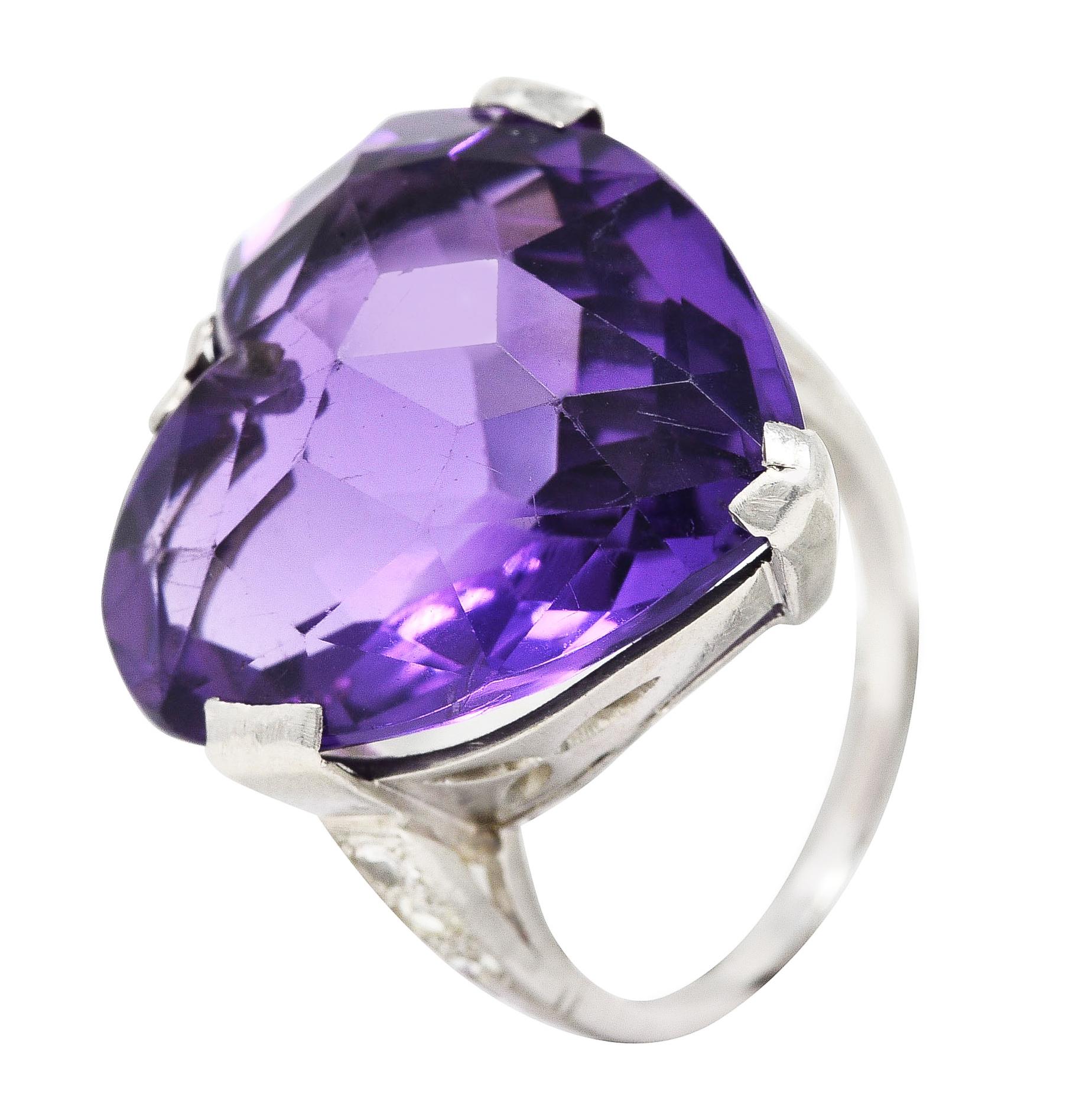 Art Deco Substantial Rose Cut Amethyst Diamond Platinum Heart Ring For Sale 5