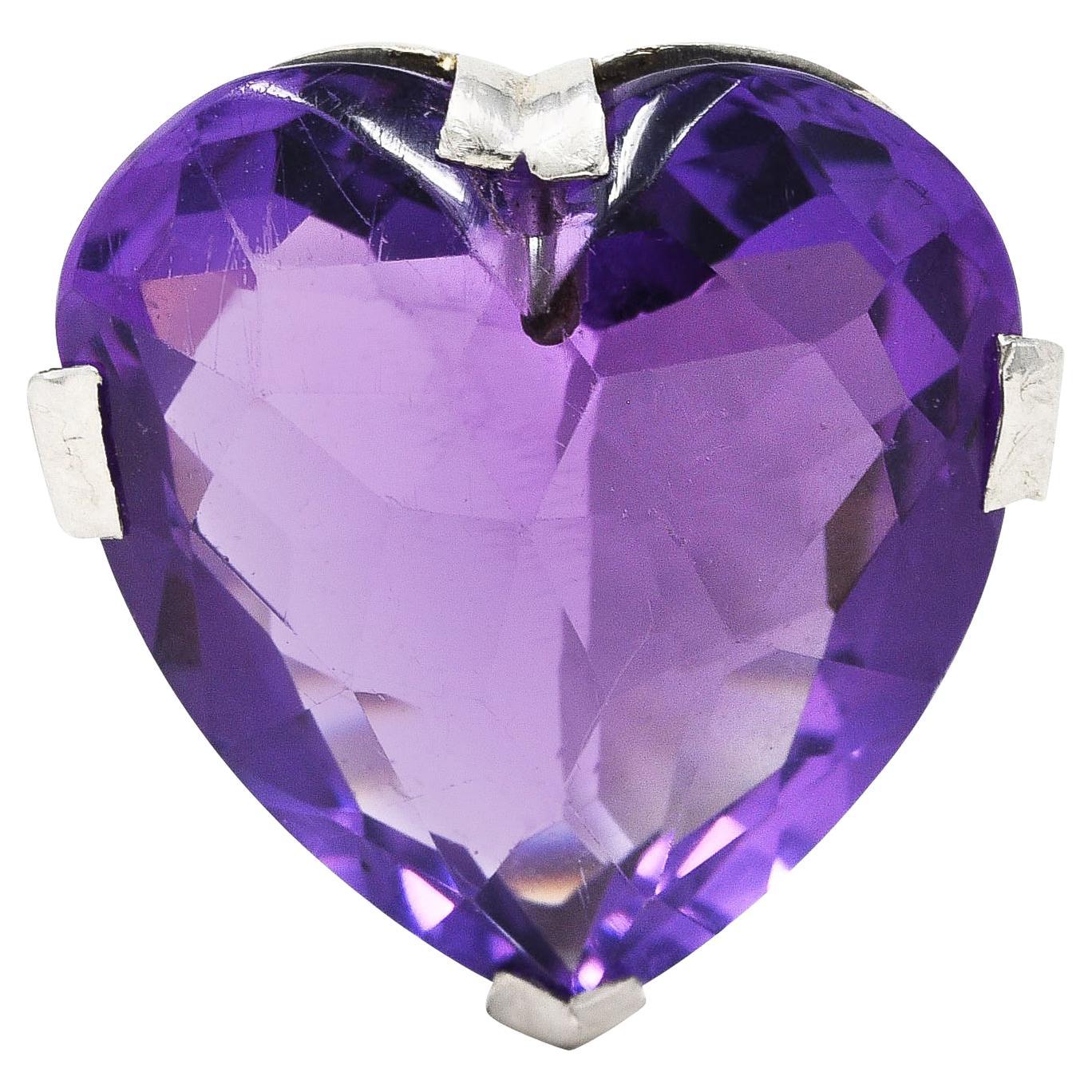 Platin-Herzring mit beträchtlichem Amethyst und Diamant im Rosenschliff im Art déco-Stil im Angebot