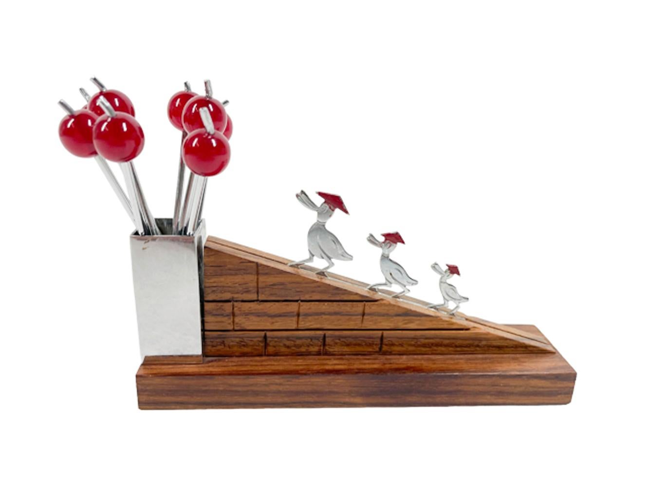 French Art Deco Sudre Type Cocktail Pick Set w/Ducks Walking Up an Incline for Berries For Sale