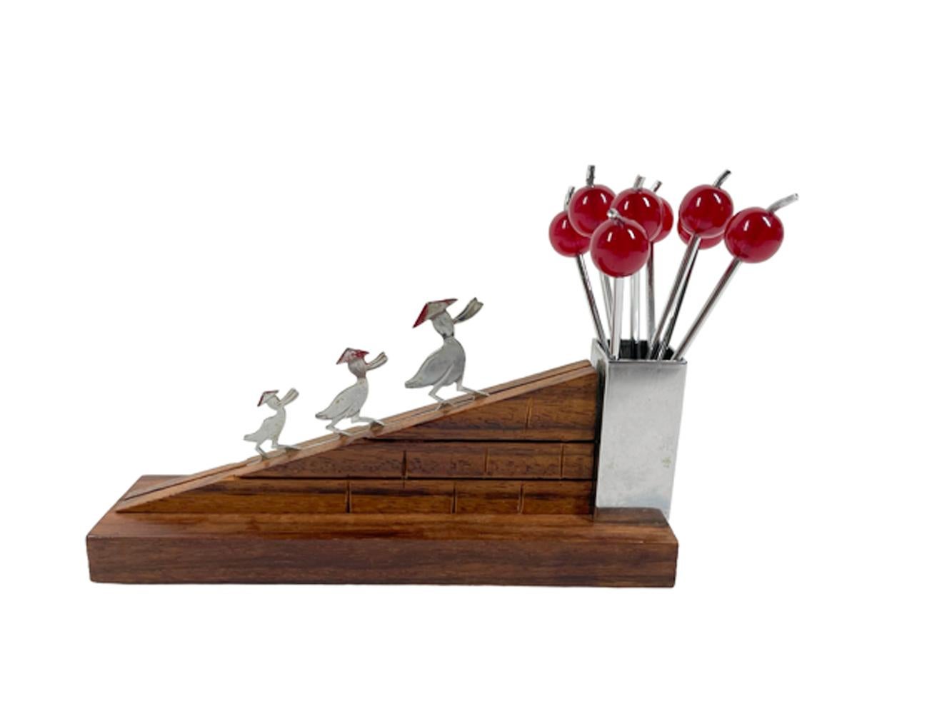 20th Century Art Deco Sudre Type Cocktail Pick Set w/Ducks Walking Up an Incline for Berries For Sale