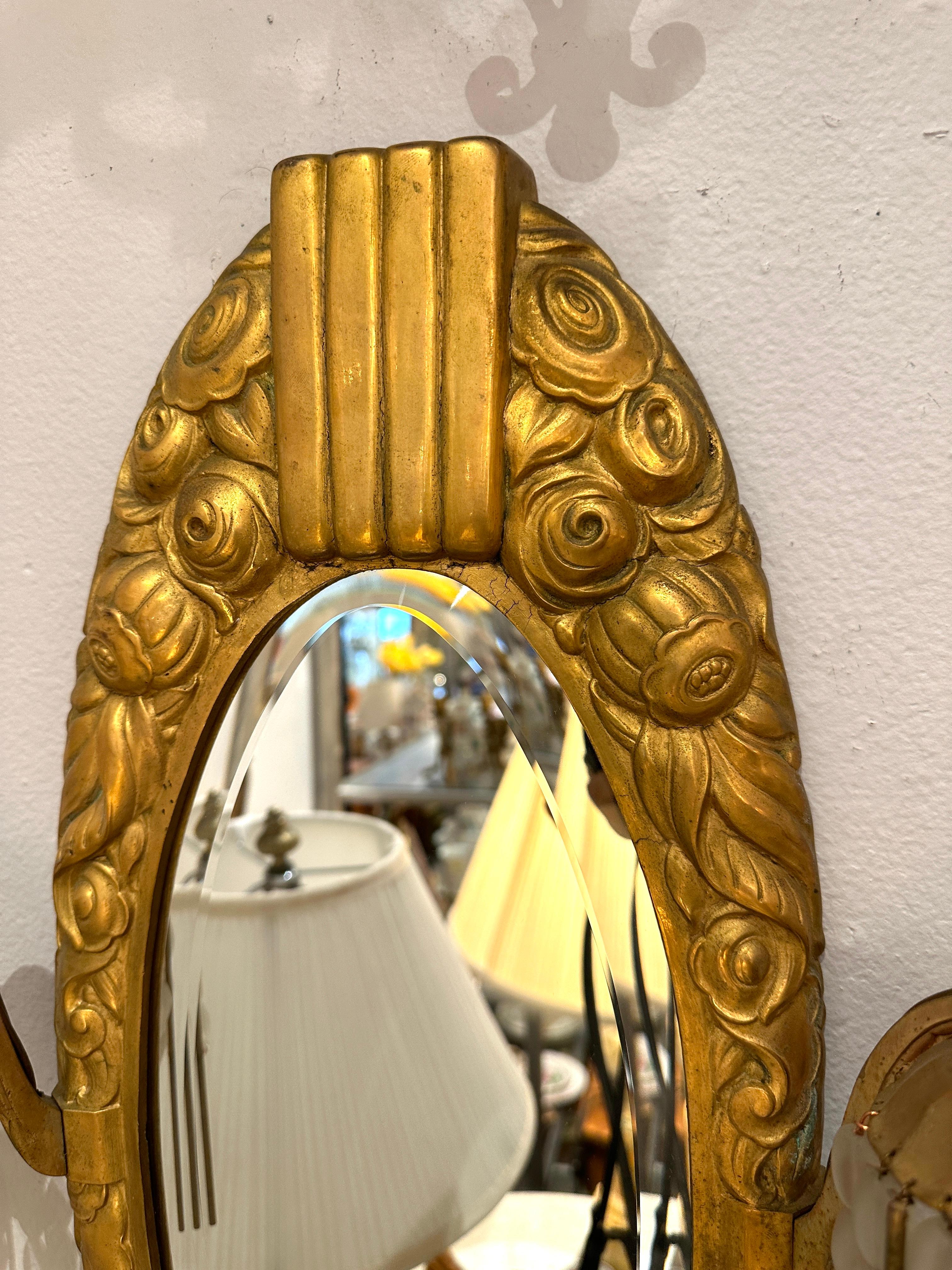 French Antique Art Deco Sue et Mare Gilt Bronze Mirror Wall Sconces, Pair For Sale