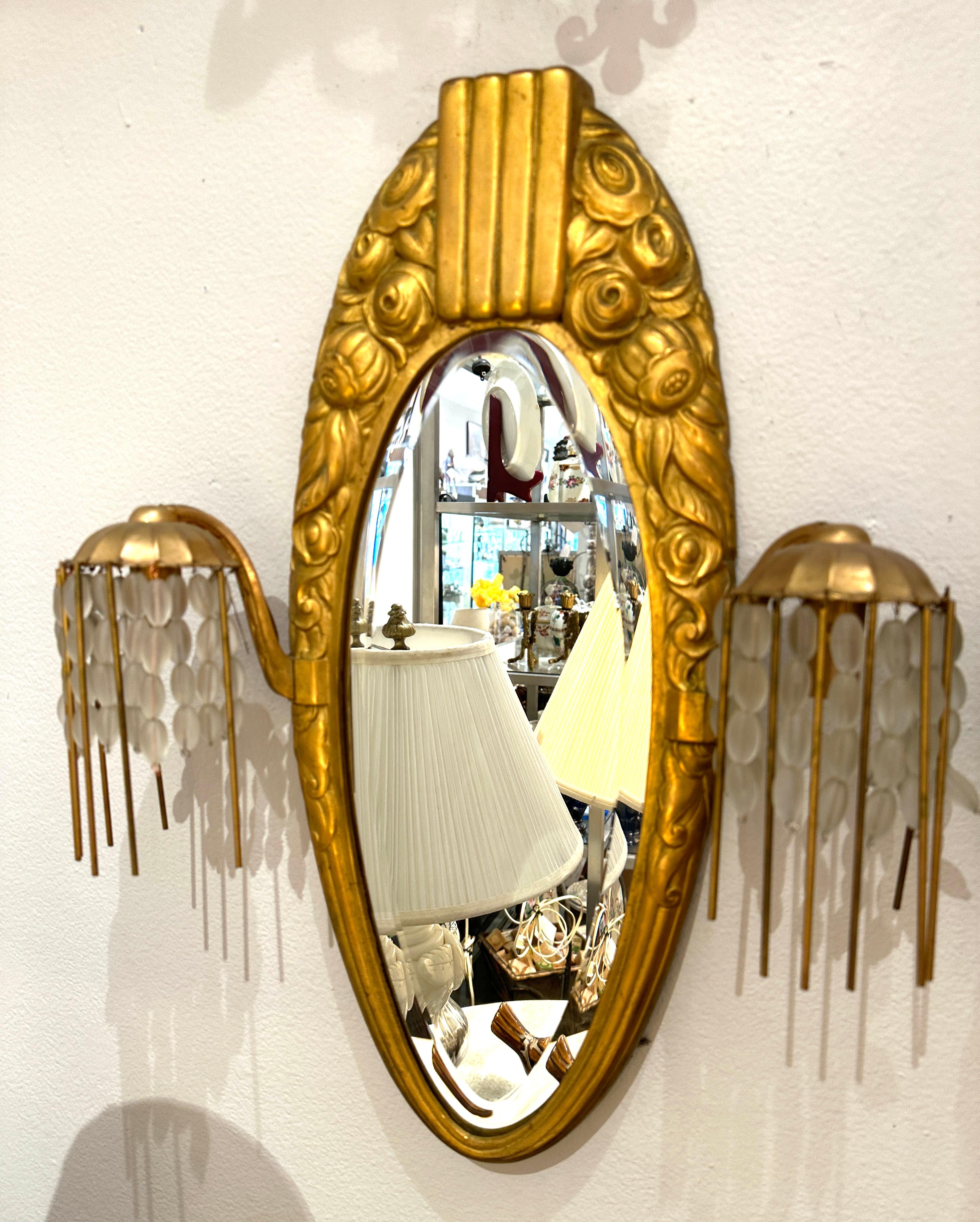 Cast Antique Art Deco Sue et Mare Gilt Bronze Mirror Wall Sconces, Pair For Sale
