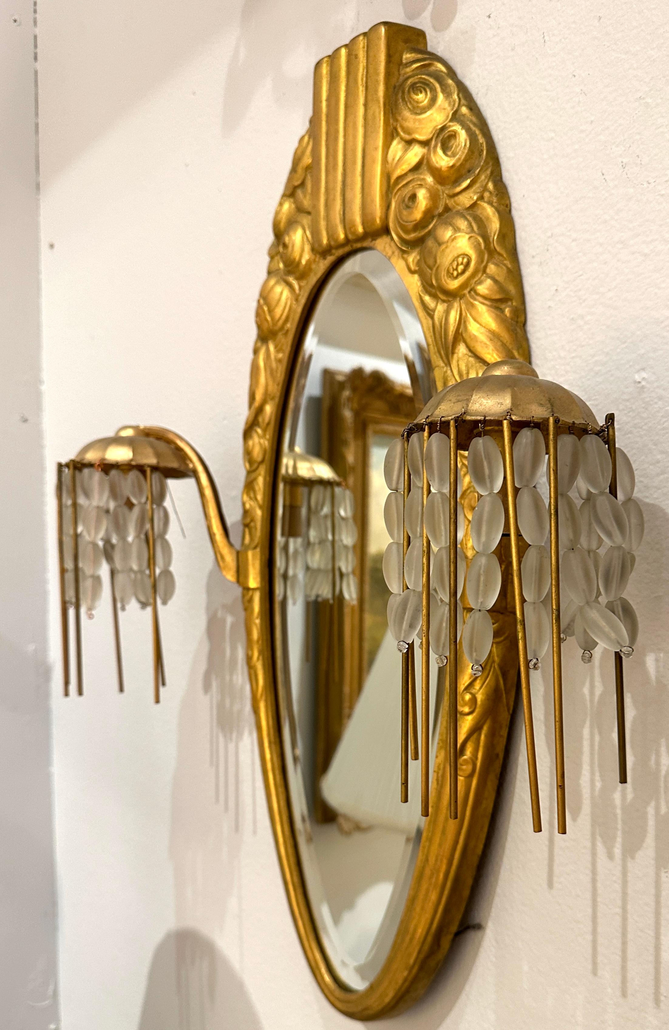 Antique Art Deco Sue et Mare Gilt Bronze Mirror Wall Sconces, Pair In Good Condition For Sale In Summerland, CA