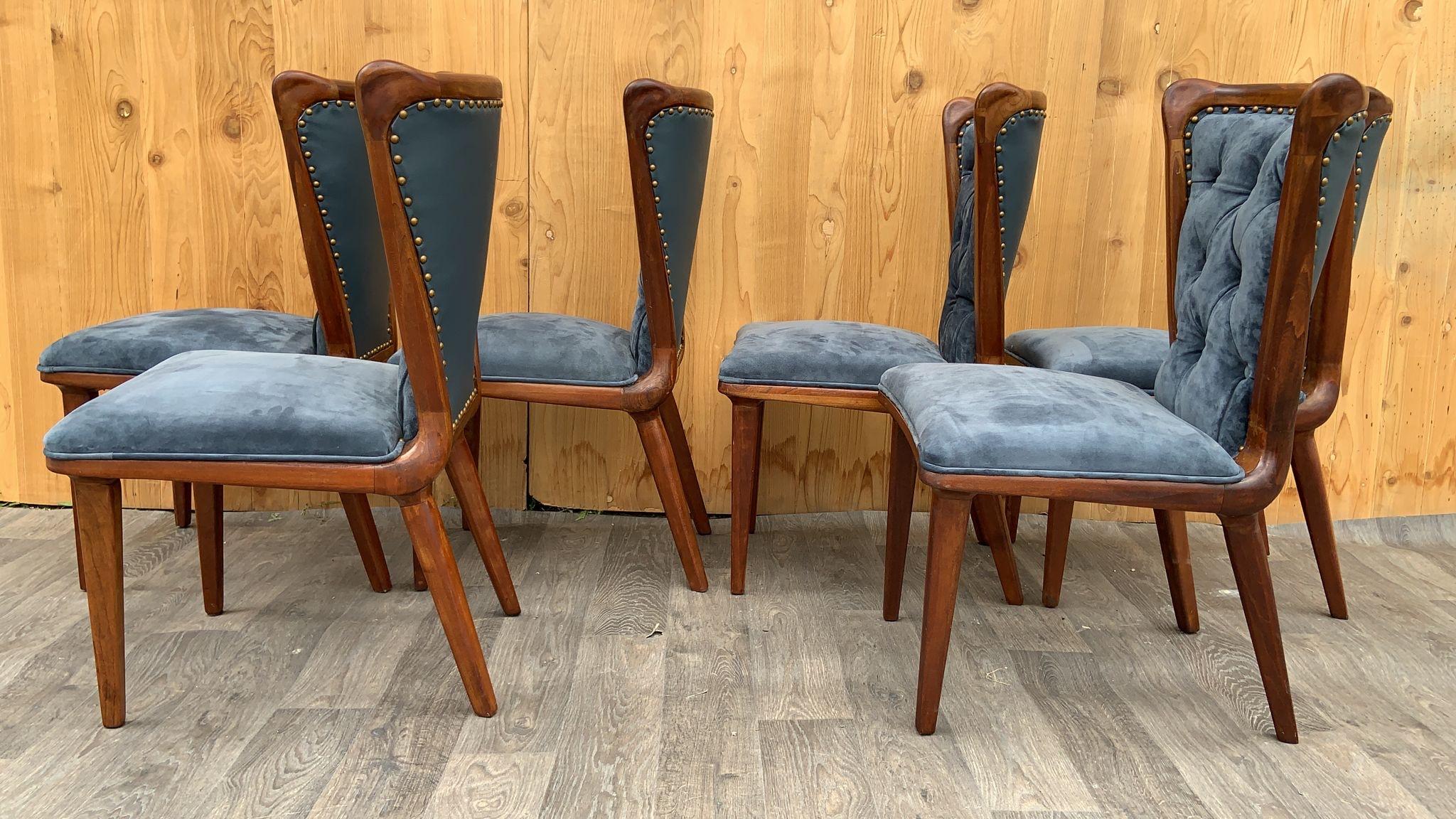 Art Deco Suede Sculptural Curved Back Dining Chairs Newly Upholstered - Set of 6 In Good Condition For Sale In Chicago, IL