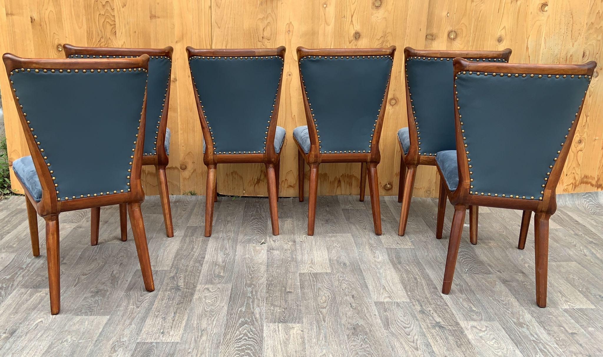 Art Deco Suede Sculptural Curved Back Dining Chairs Newly Upholstered - Set of 6 For Sale 1