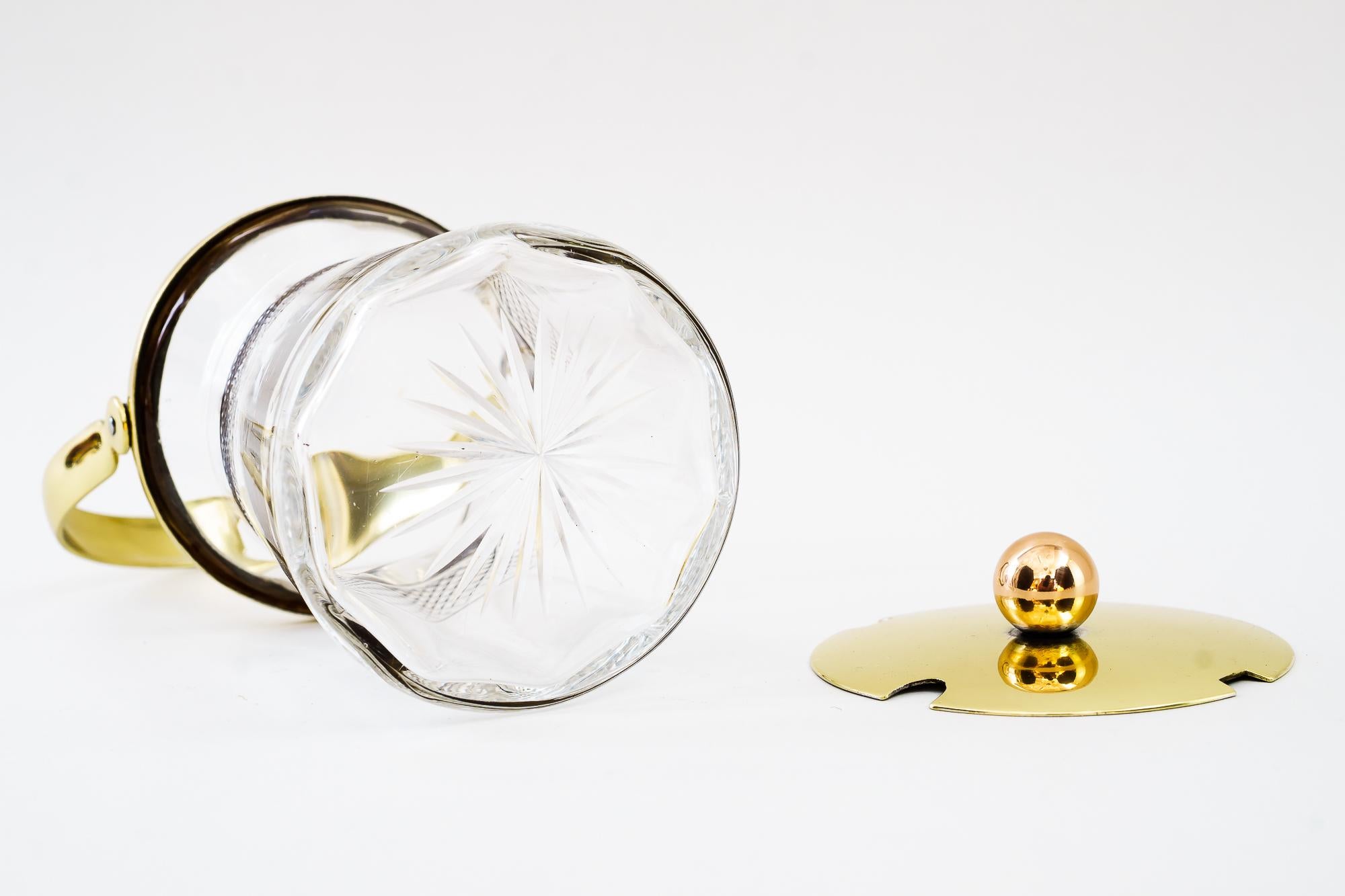 Polished Art Deco Sugar Bowl with Brass and Cut Glass Around 1920s For Sale