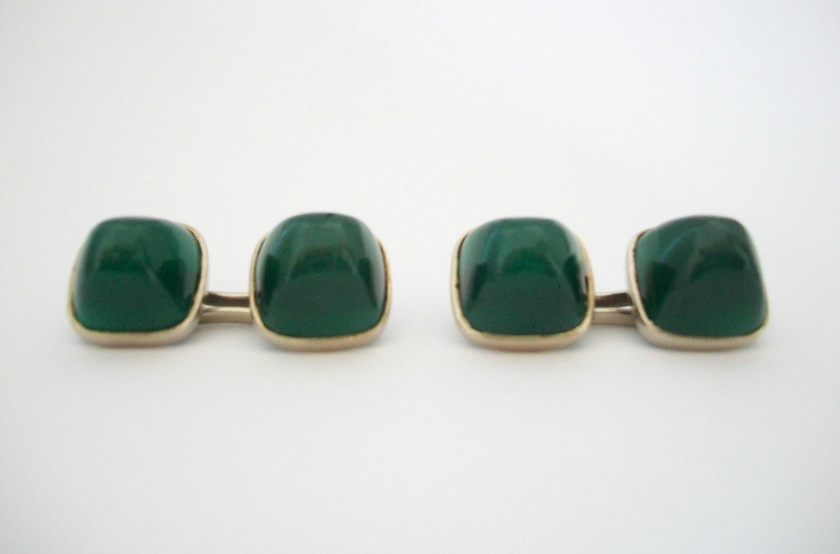 Rare Art Deco sugarloaf Chrysoprase and 18K white gold cufflinks - refined and elegant double sided design - hand made to the highest quality - each sugarloaf Chrysoprase bezel set (approx. 5.64 carats each - total of 22.56 carats - 10 x 10 x 8 mm.)