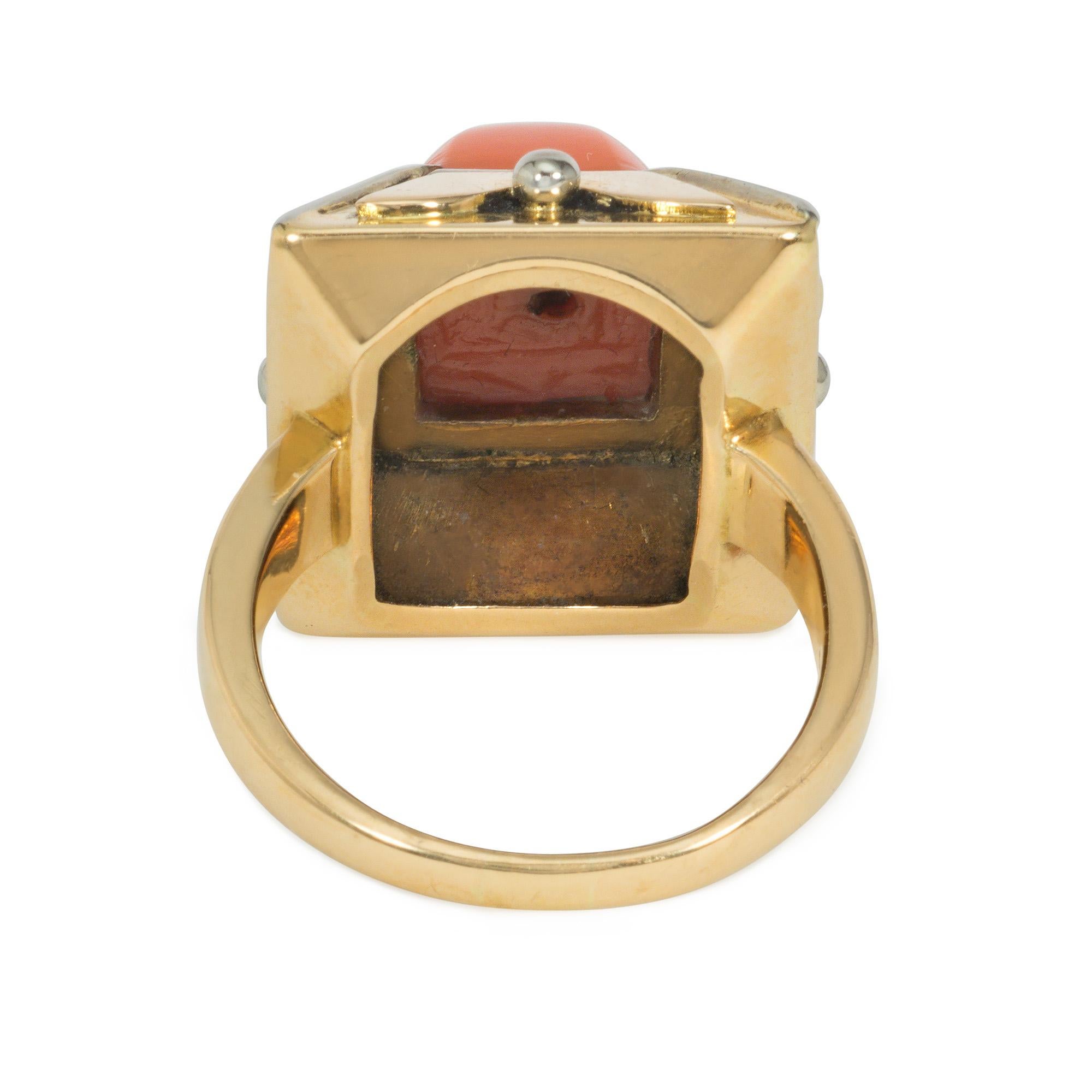 Sugarloaf Cabochon Art Deco Sugarloaf Coral, Gold, and Platinum Pyramid-Shape Ring For Sale