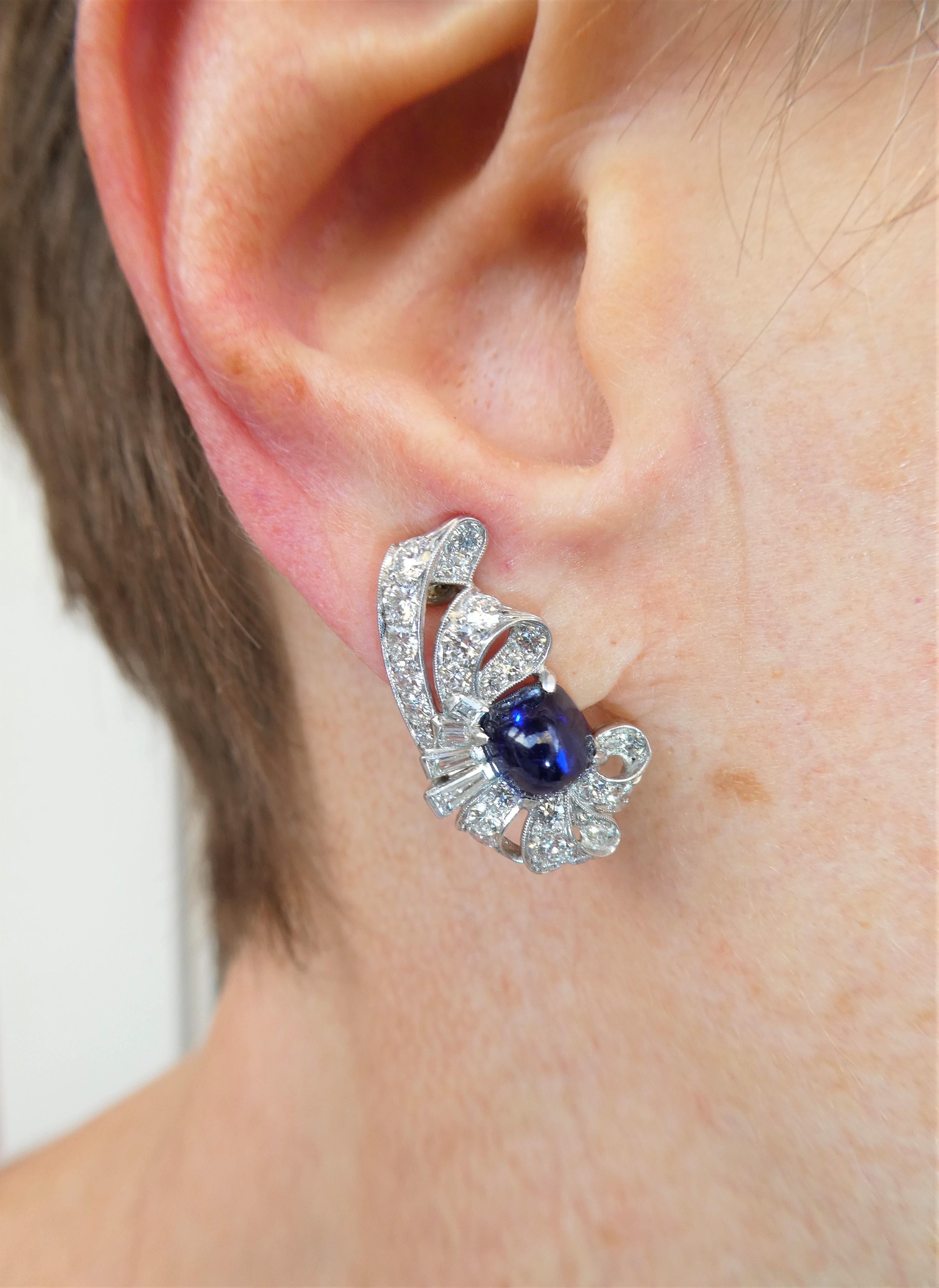 Art Deco Sugarloaf Cut Sapphire Diamond Earrings For Sale 7