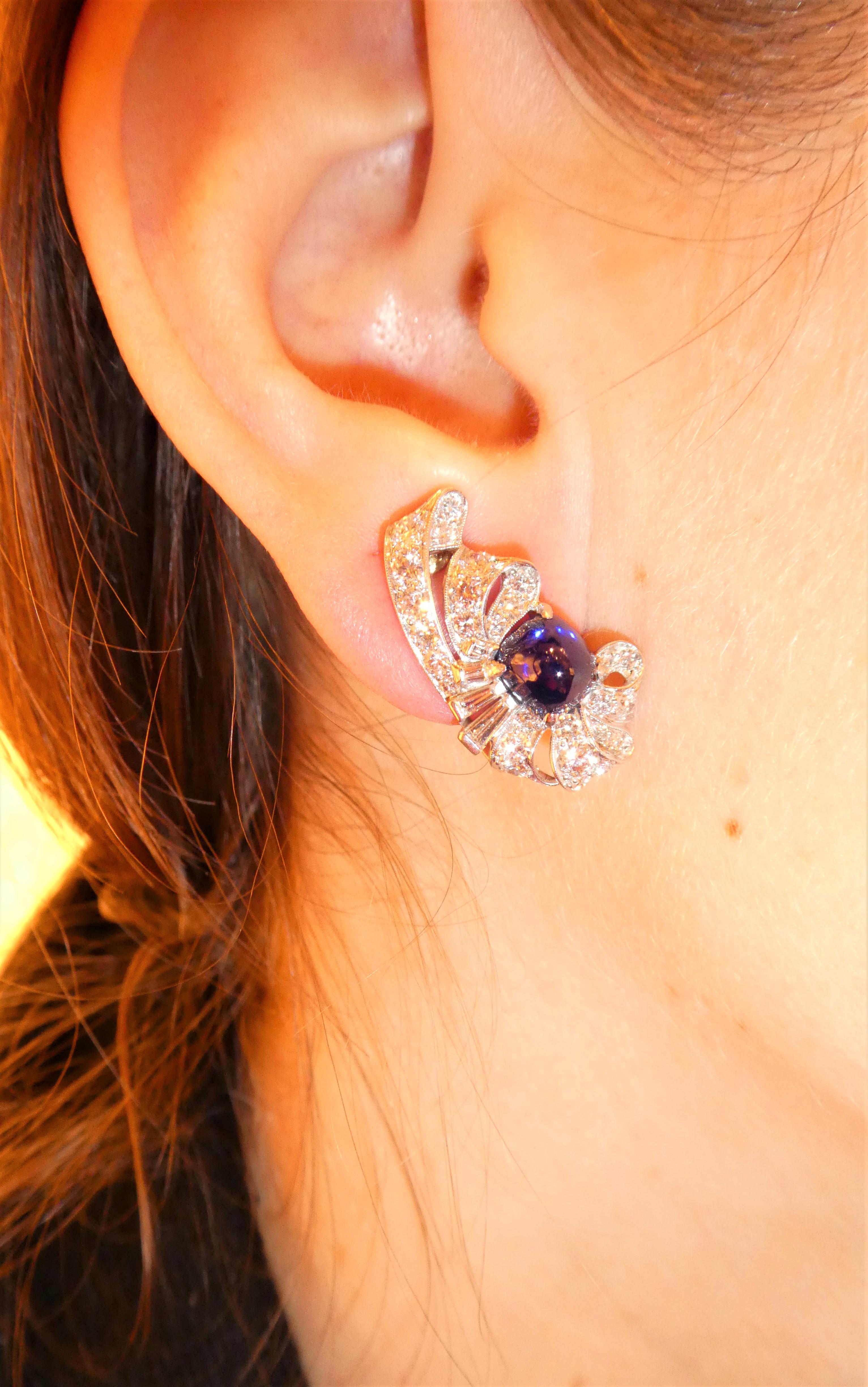 Art Deco Sugarloaf Cut Sapphire Diamond Earrings For Sale 8