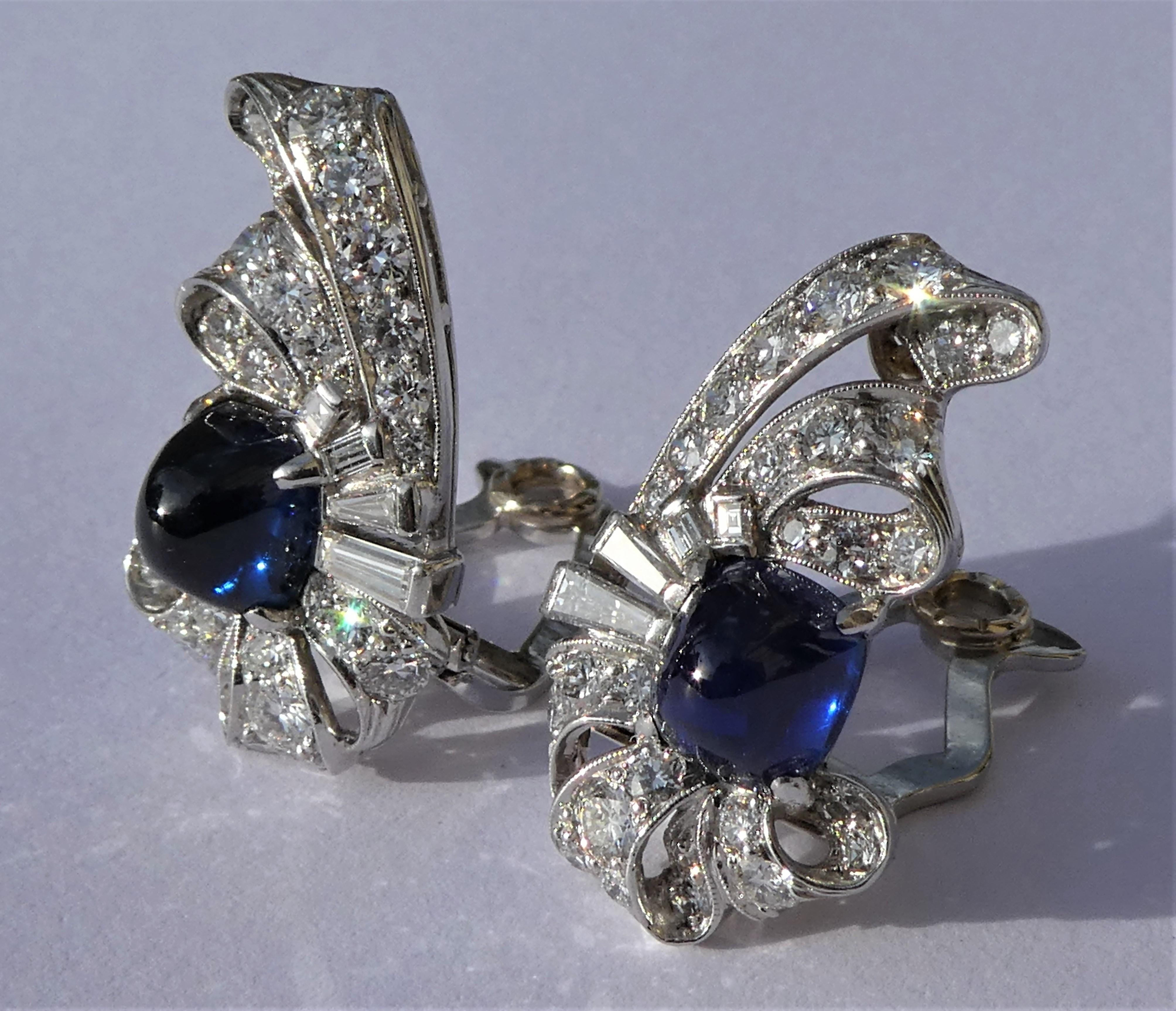 Art Deco Sugarloaf Cut Sapphire Diamond Earrings For Sale 2