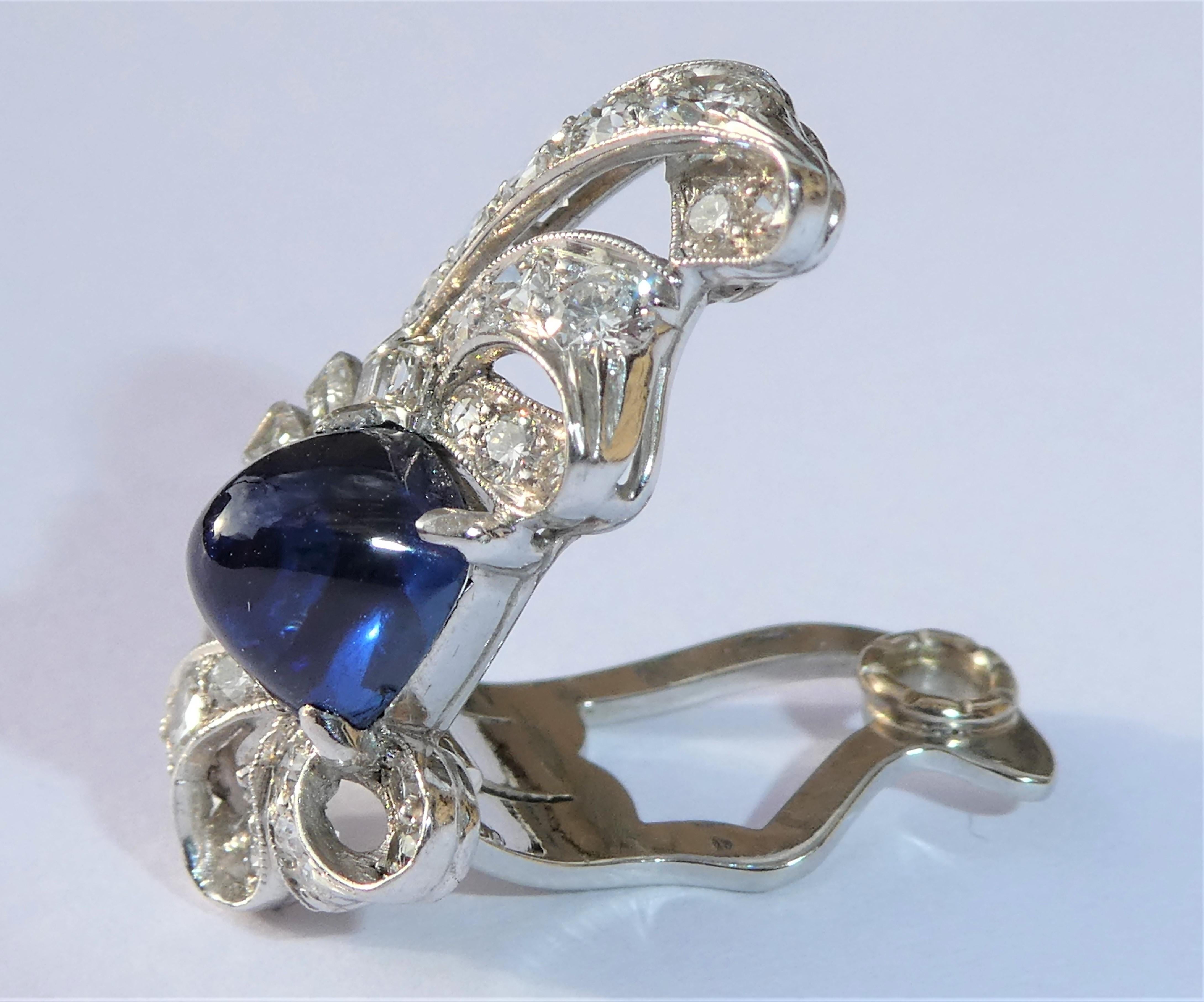 Art Deco Sugarloaf Cut Sapphire Diamond Earrings For Sale 3