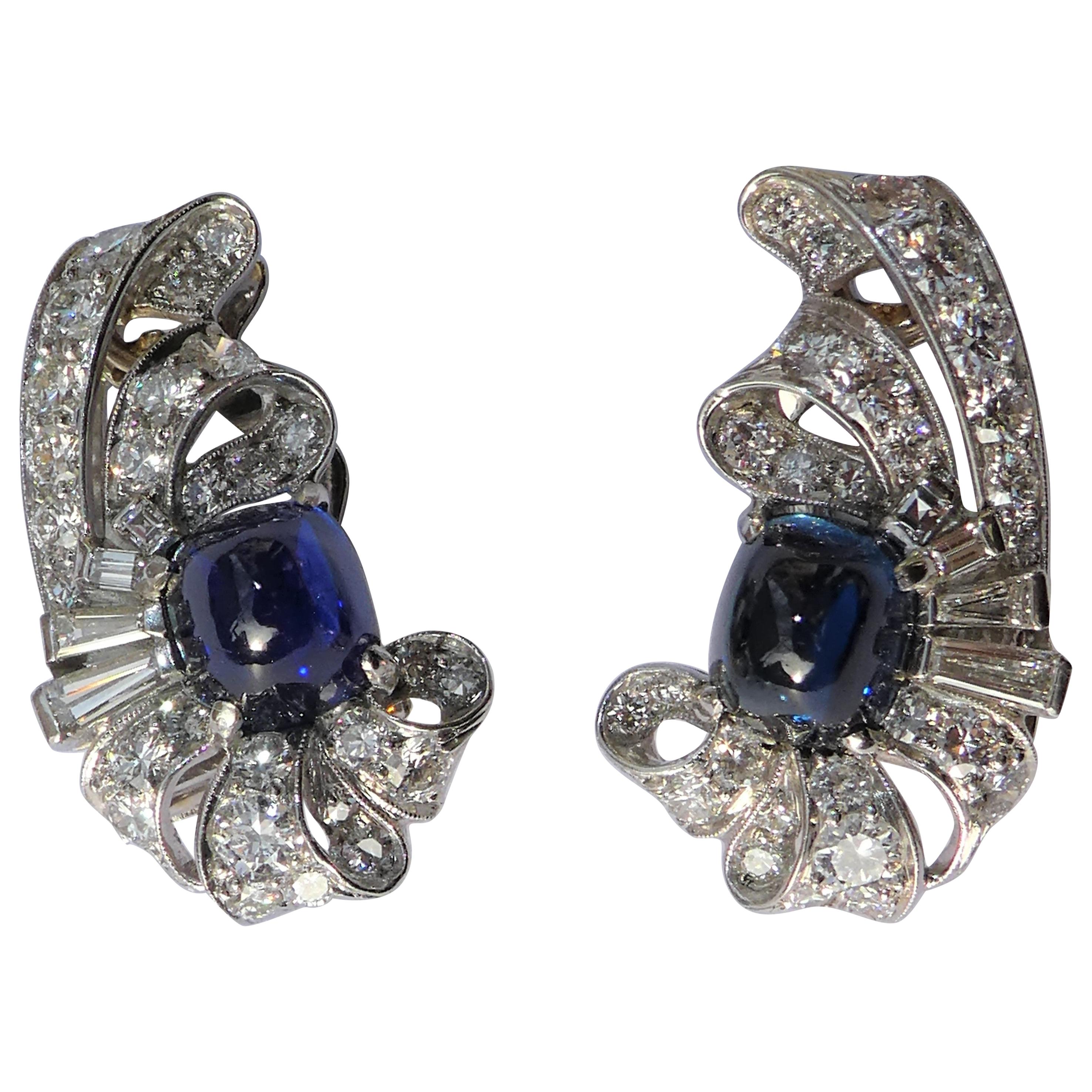 Art Deco Sugarloaf Cut Sapphire Diamond Earrings For Sale