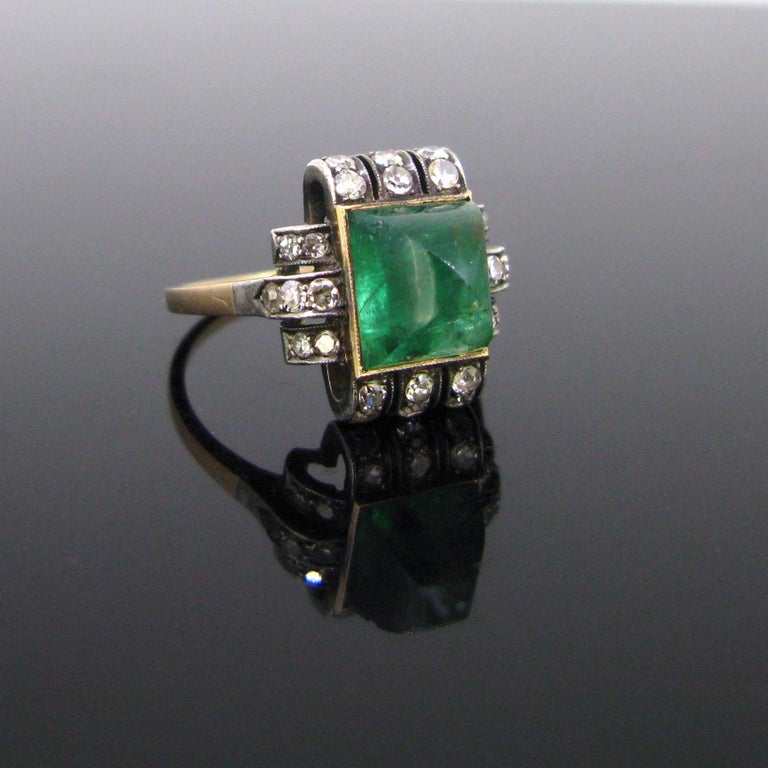 Art Deco Sugarloaf Emerald and Diamonds Ring at 1stDibs