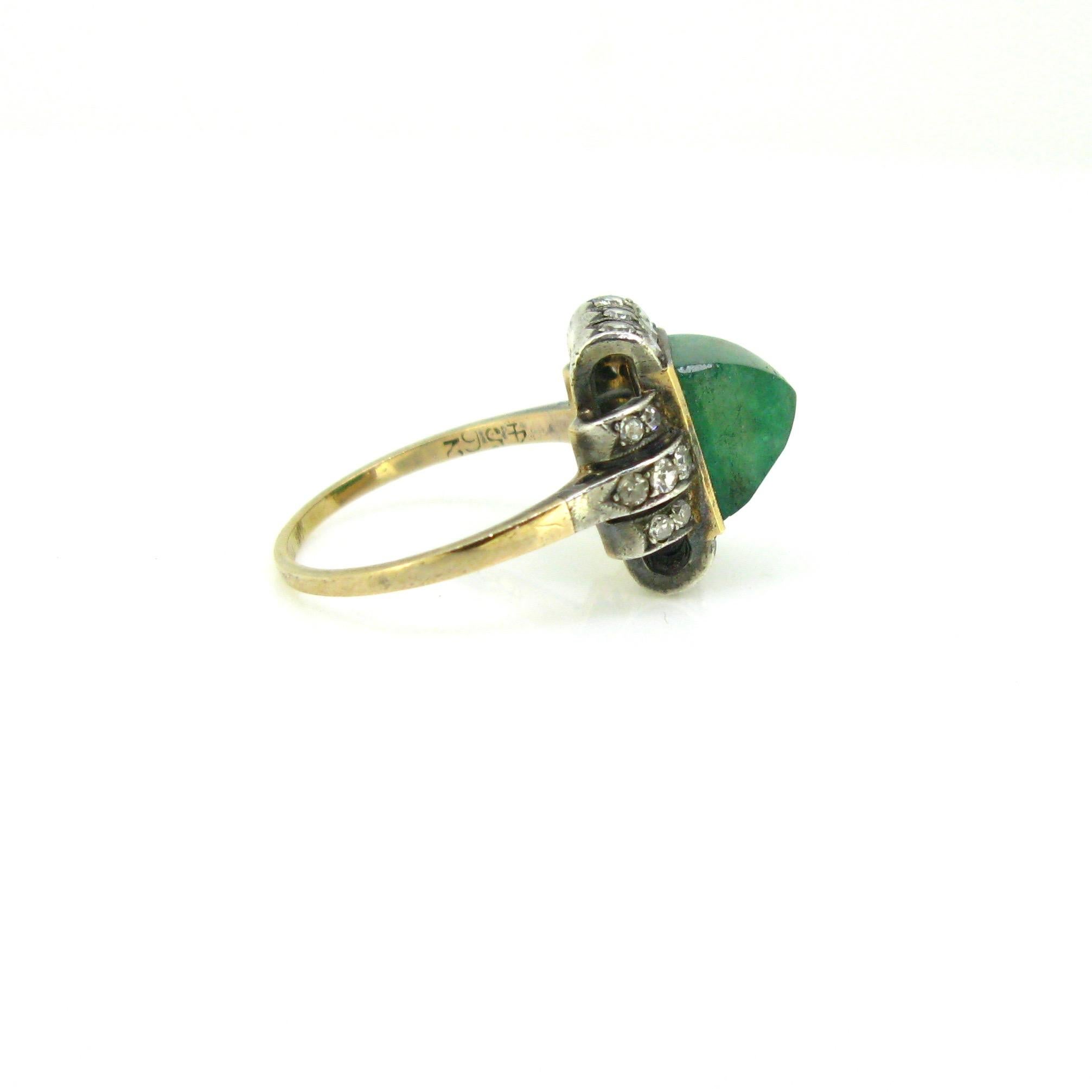Women's or Men's Art Deco Sugarloaf Emerald and Diamonds Ring