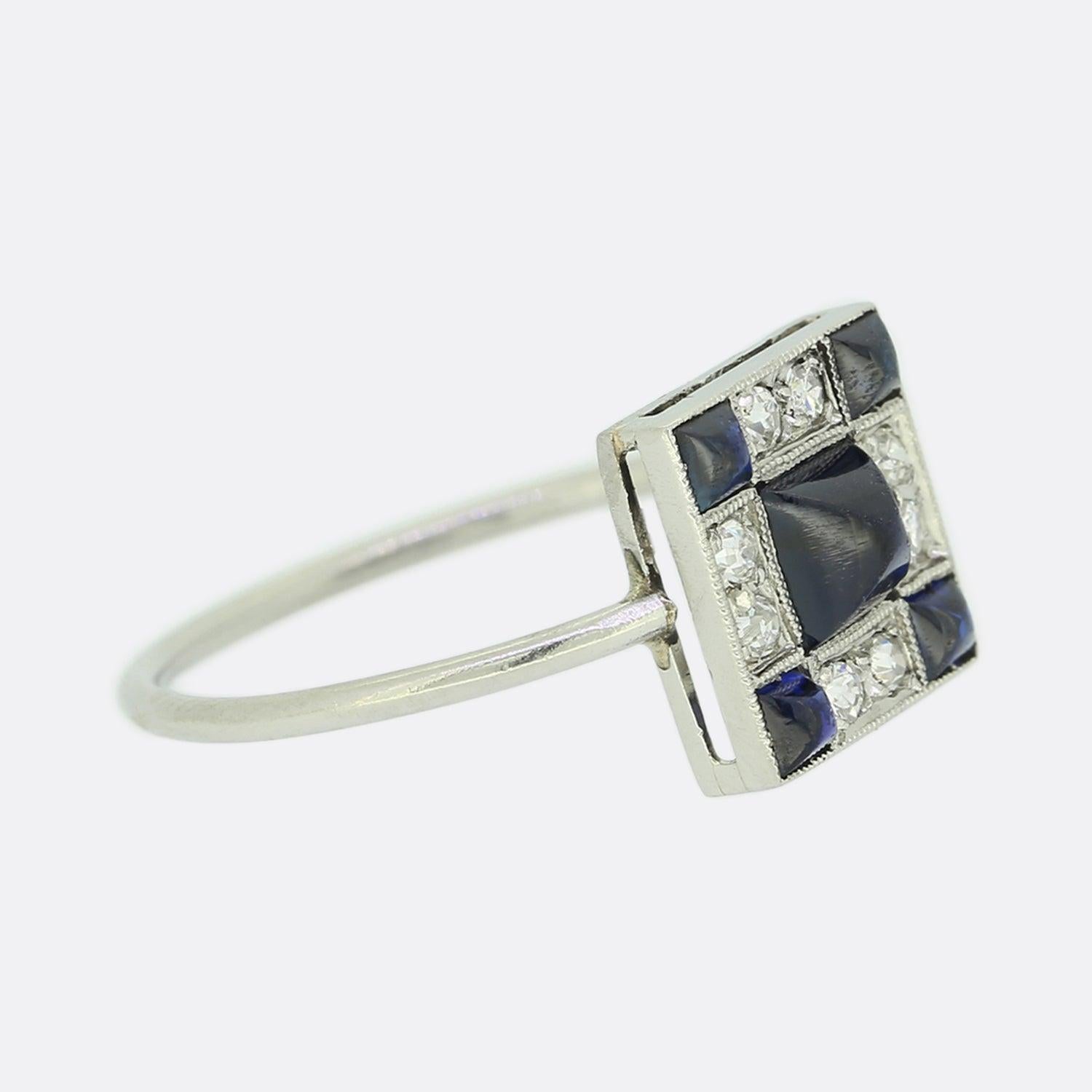 Sugarloaf Cabochon Art Deco Sugarloaf Sapphire and Diamond Ring For Sale