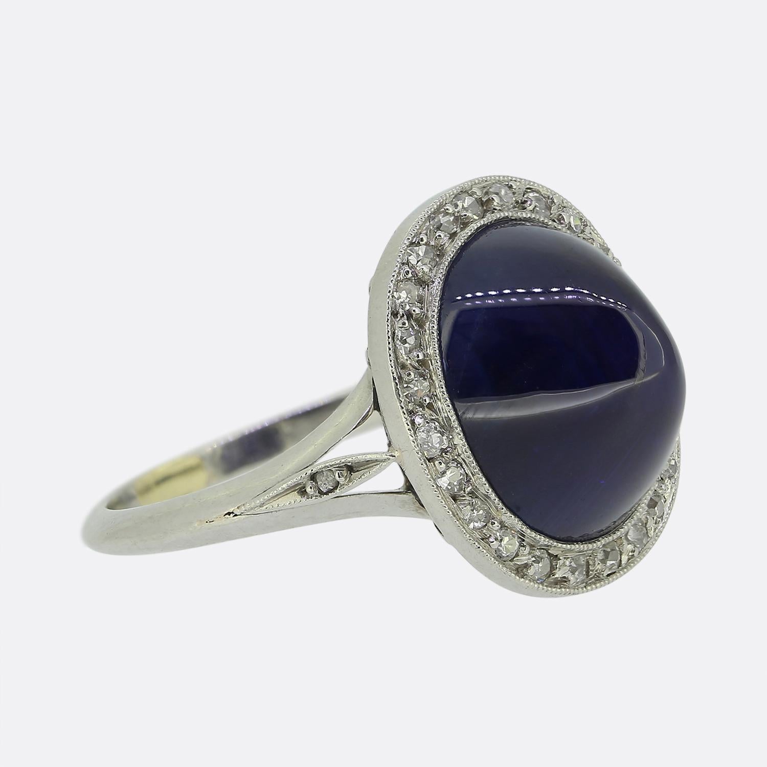 Sugarloaf Cabochon Art Deco Sugarloaf Sapphire and Diamond Ring For Sale