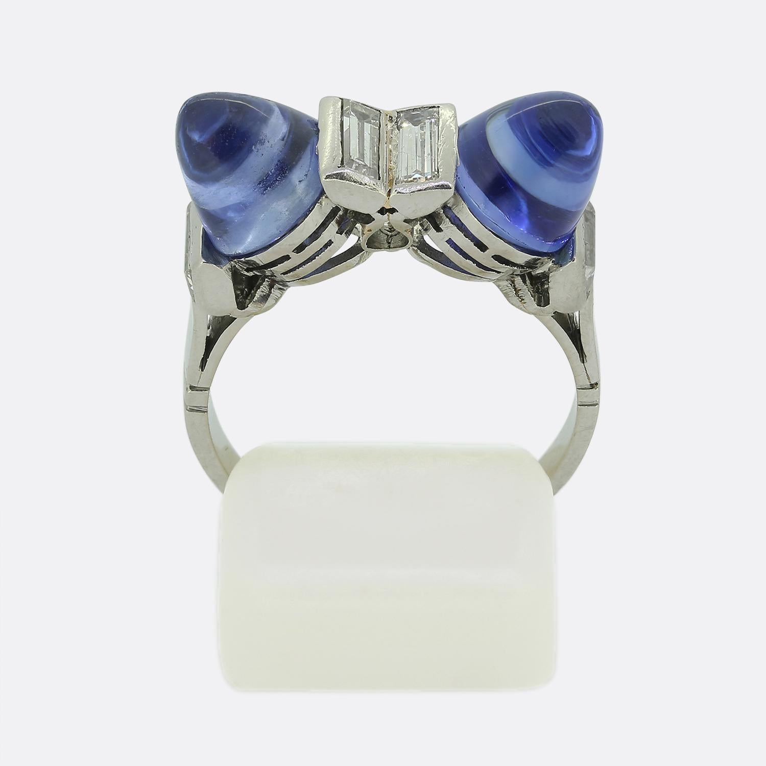 Women's or Men's Art Deco Sugarloaf Sapphire and Diamond Ring For Sale