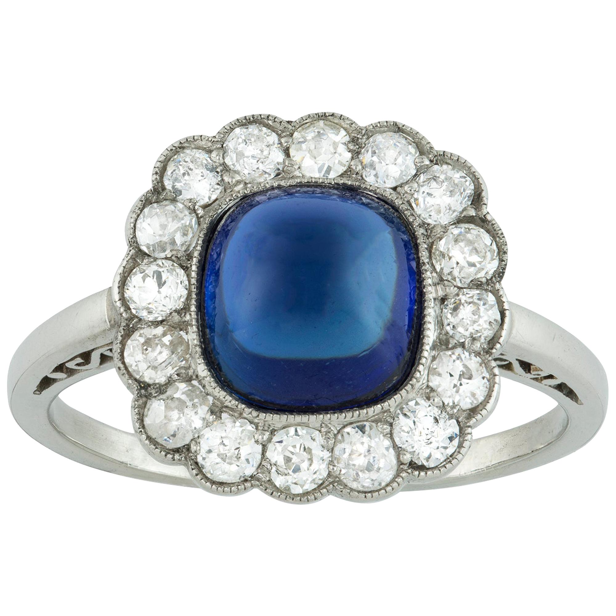 Art Deco Sugarloaf Sapphire and Diamond Ring For Sale