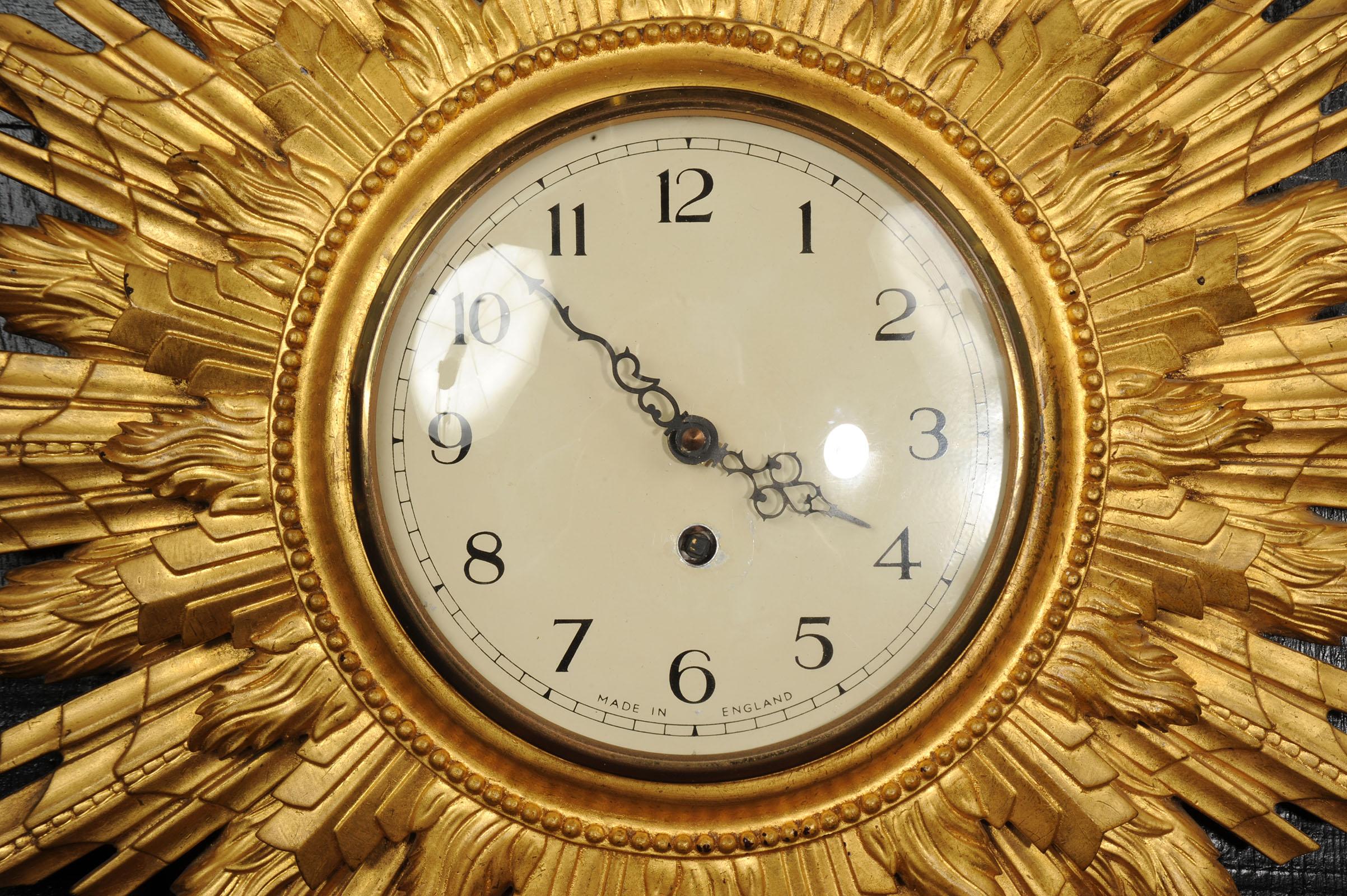 Art Deco Sunburst Wall Clock Gilt Wood - Coventry Astral - Quality Fully Working 5