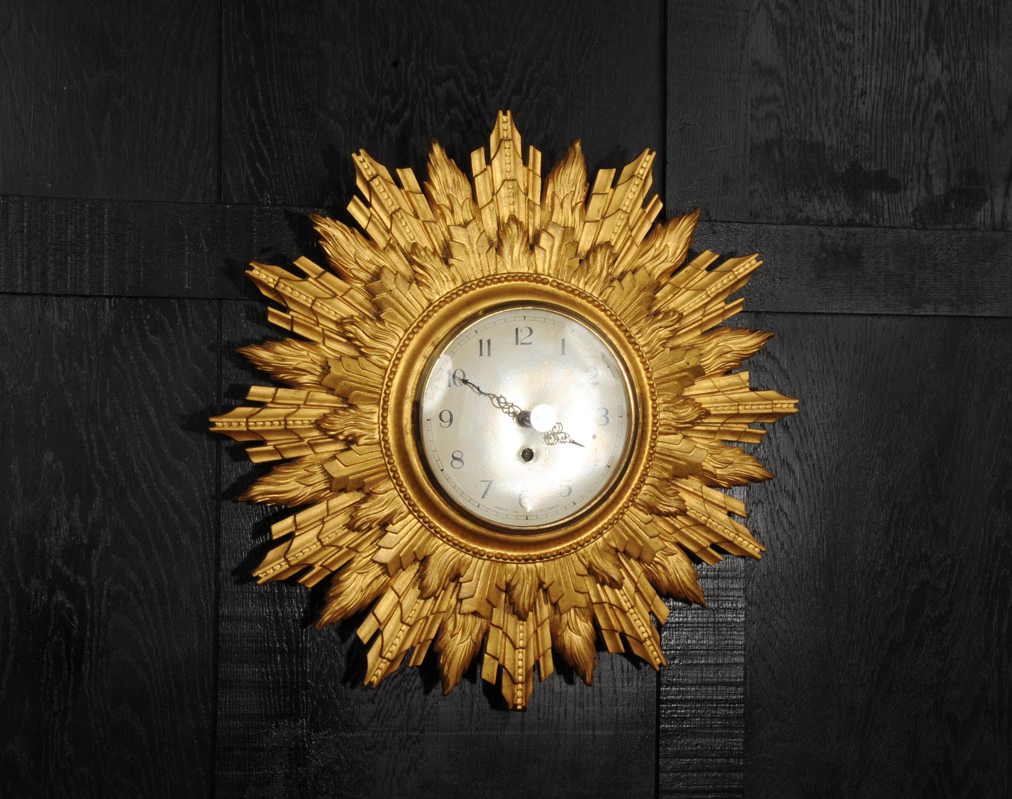 English Art Deco Sunburst Wall Clock Gilt Wood - Coventry Astral - Quality Fully Working